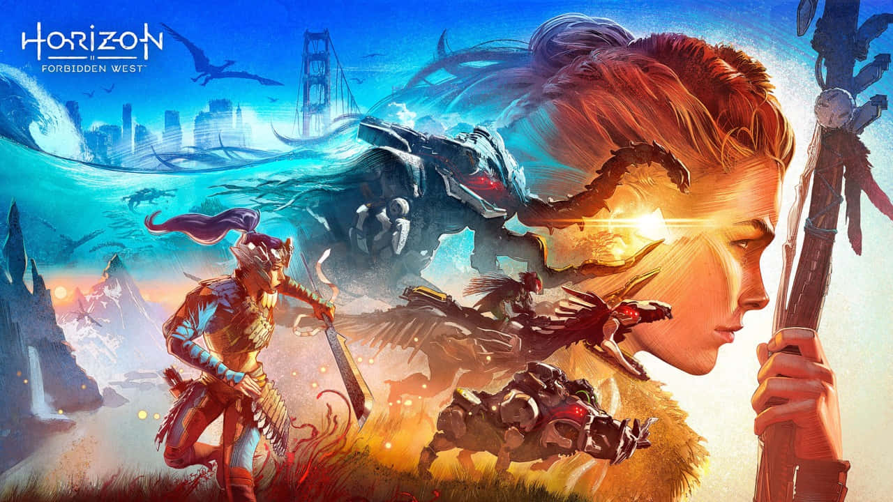 Ps5 Games 桌布 壁紙 — 一名戰士在奇幻的風景中準備就緒，周圍有機械野獸，天空中有一個發光的女性面孔。