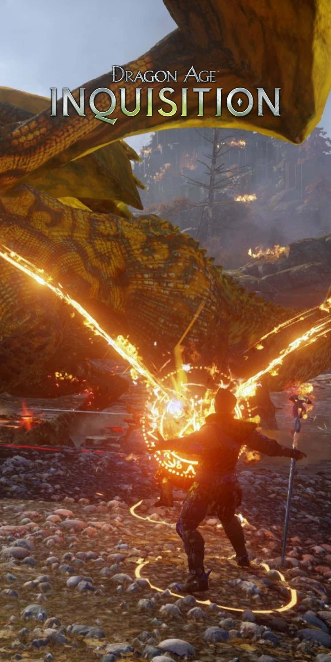 Pixel 3 Dragon Age Inquisition 桌布 壁紙 — 一名戰士在巨龍翅膀下施展發光法術，身處熾熱的奇幻景觀中。