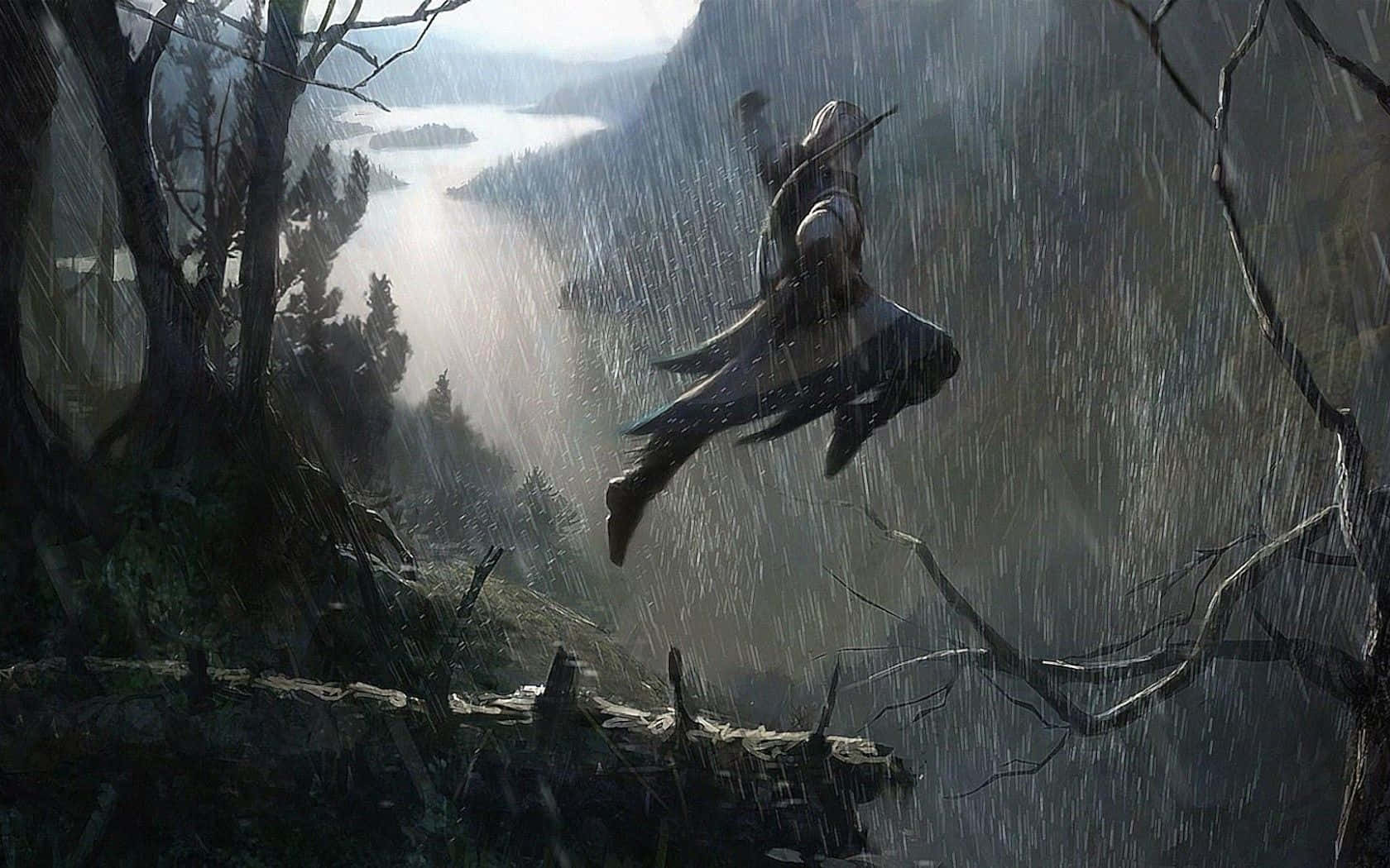 Connor Kenway 桌布 壁紙 — 一名戰士在暴雨中躍過霧氣瀰漫的森林峽谷，下方有一個湖泊。