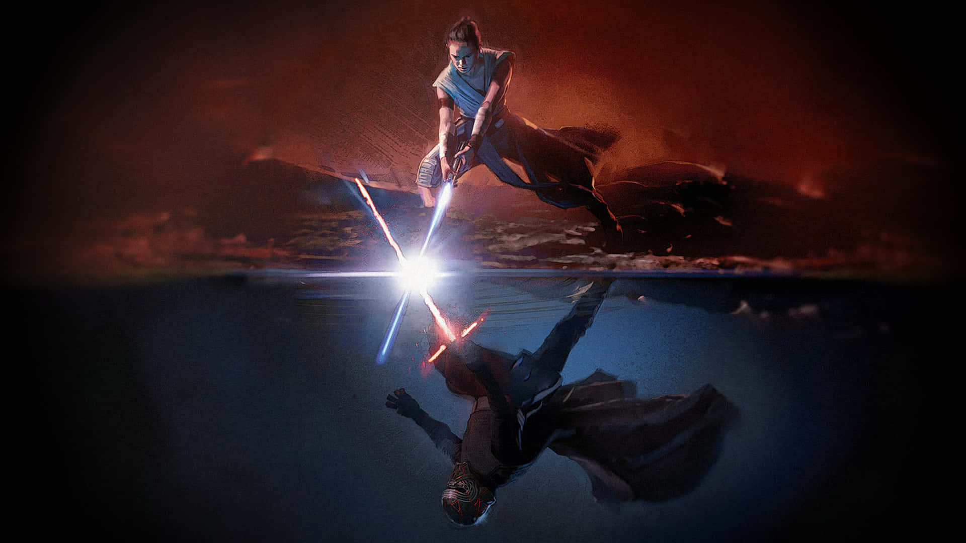 Mustafar 桌布 壁紙 — 一名戰士在水面上方揮舞光劍，下方有鏡面倒影，場景呈現火橙色和深藍色。