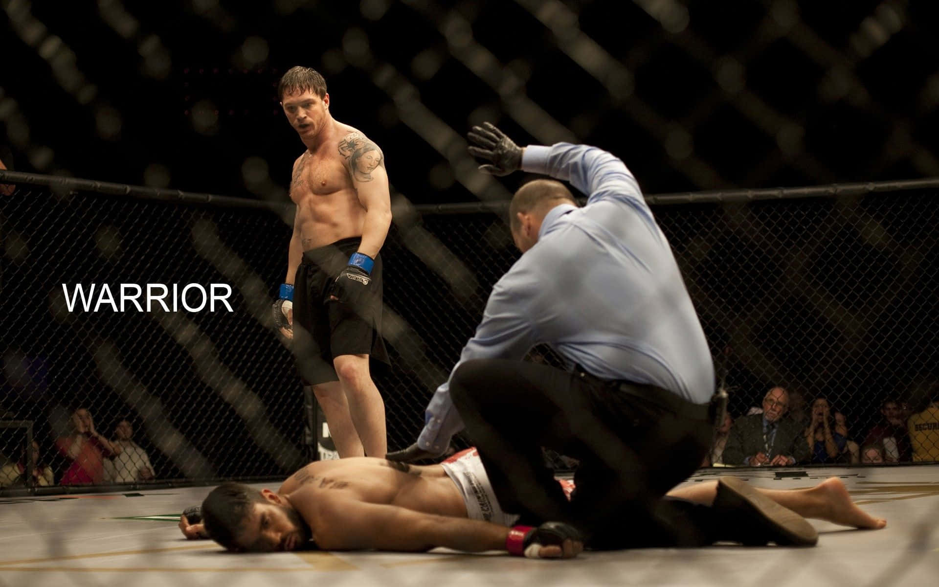 UFC 桌布 壁紙 — 一名戰士在燈光昏暗的MMA籠中勝利地站在倒下的對手之上，裁判正在檢查倒地的男子。