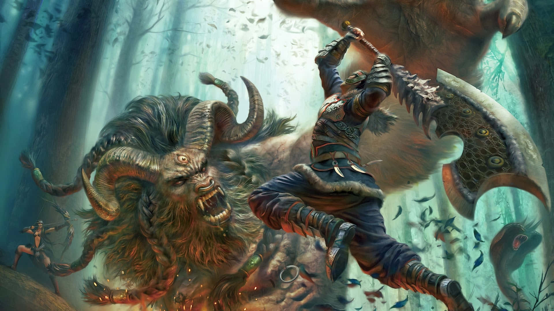 Demon Fighting 桌布 壁紙 — 一名戰士在迷霧森林中，與一隻發光眼睛、落葉飄零的角獸躍入戰鬥。