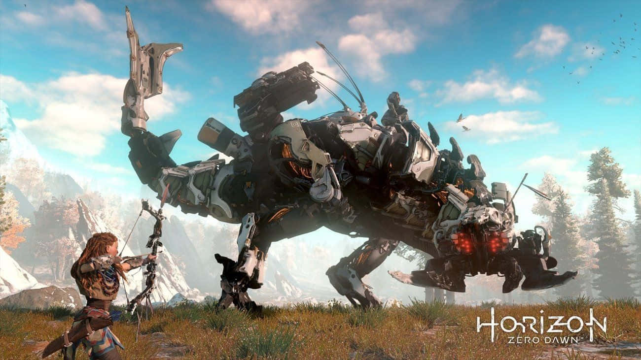 Ps5 Games 桌布 壁紙 — 一名戰士在陽光明媚的山區荒野中，用弓箭瞄準一隻巨大的機械野獸。