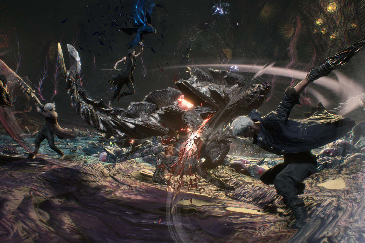 Devil May Cry Characters 桌布 壁紙 — 一名戰士在黑暗、熾熱的奇幻戰鬥場景中，用發光效果和漂浮的敵人砍殺一隻巨大的惡魔野獸。