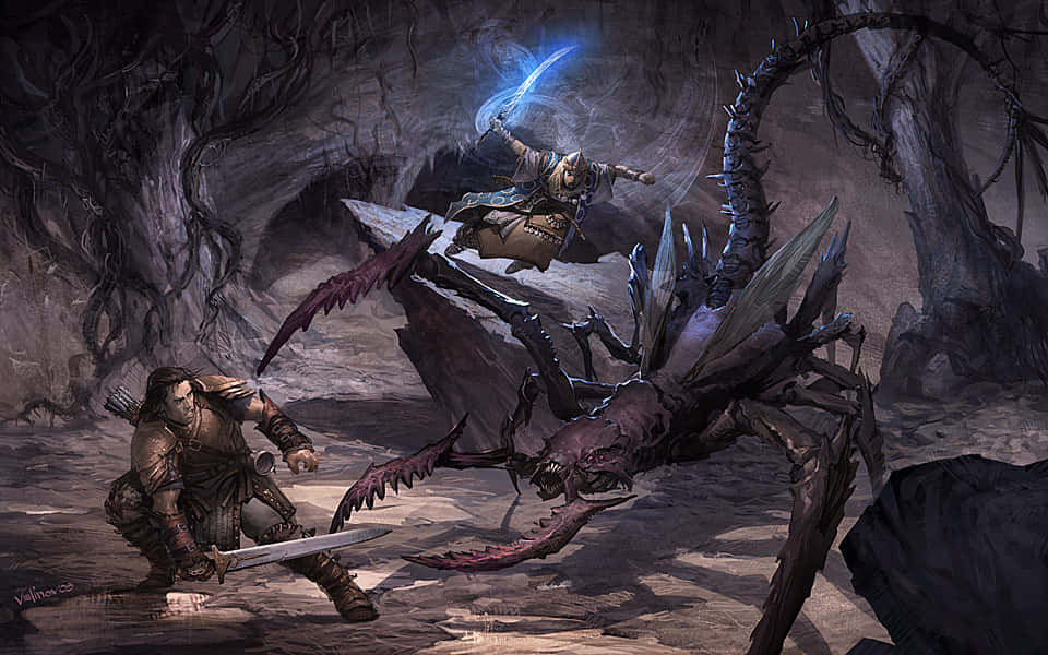 Demon Fighting 桌布 壁紙 — 一名戰士在黑暗扭曲的森林中，手持發光劍躍起攻擊一隻巨大的怪物蜘蛛。