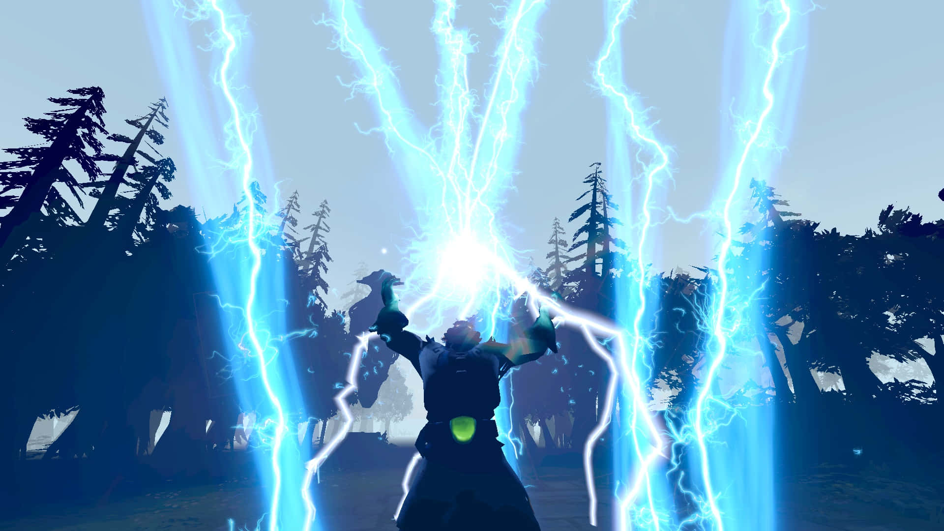 Dota 2 Zeus 桌布 壁紙 — 一名戰士在黑暗森林中，雙手召喚出明亮的藍色閃電，映襯著蒼白的天空。