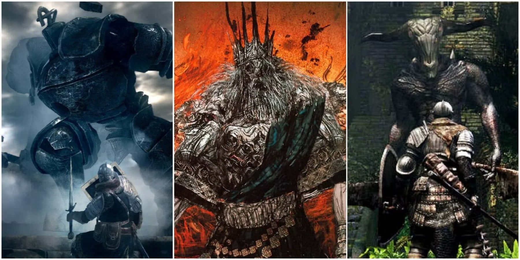 Dark Souls Bosses 桌布 壁紙 — 一名戰士在黑暗的暴風場景中面對一個巨大的裝甲首領，另一名戰士對抗一個燃燒的冠冕惡魔，第三名戰士站在陰暗森林中一隻有角野獸面前。