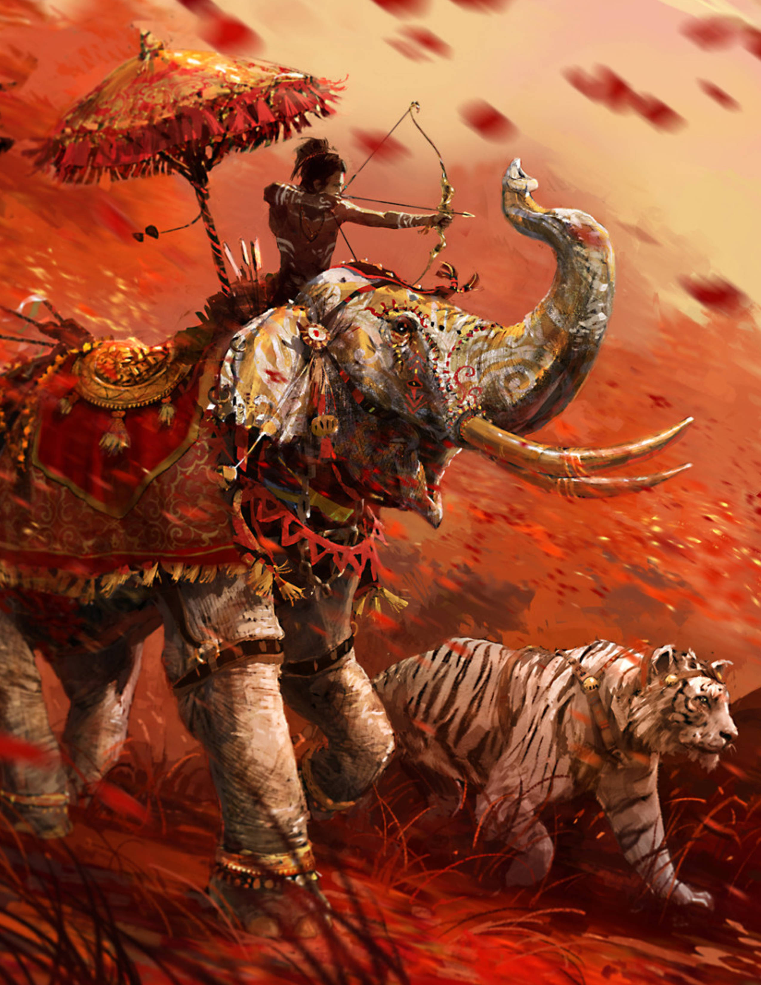 far cry iPhone 桌布 壁紙 — 一名戰士弓箭手騎著一頭裝飾華麗的大象，穿過火紅的風景，身旁有一隻老虎。