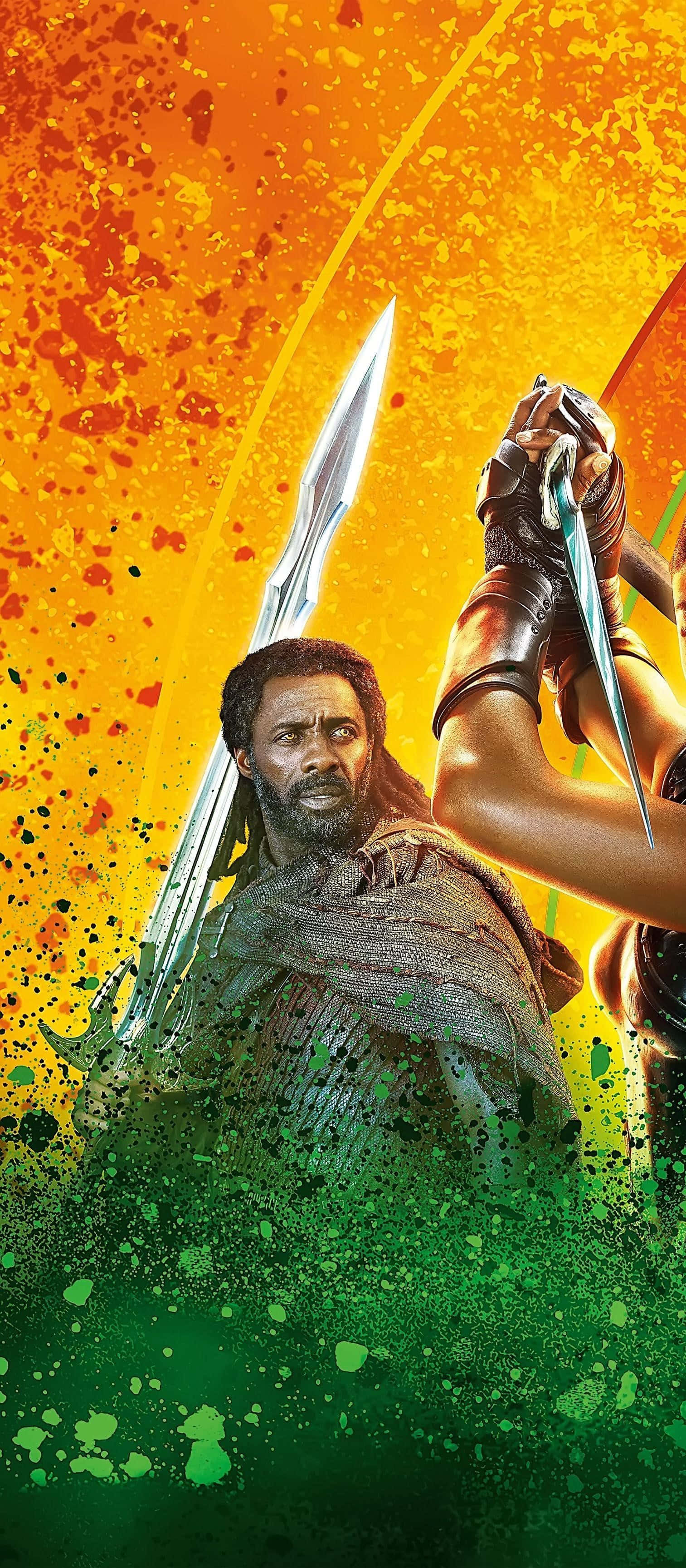 Heimdall 桌布 壁紙 — 一名戰士手持劍與匕首，挑釁地站在充滿活力的橙色和綠色潑濺背景前。