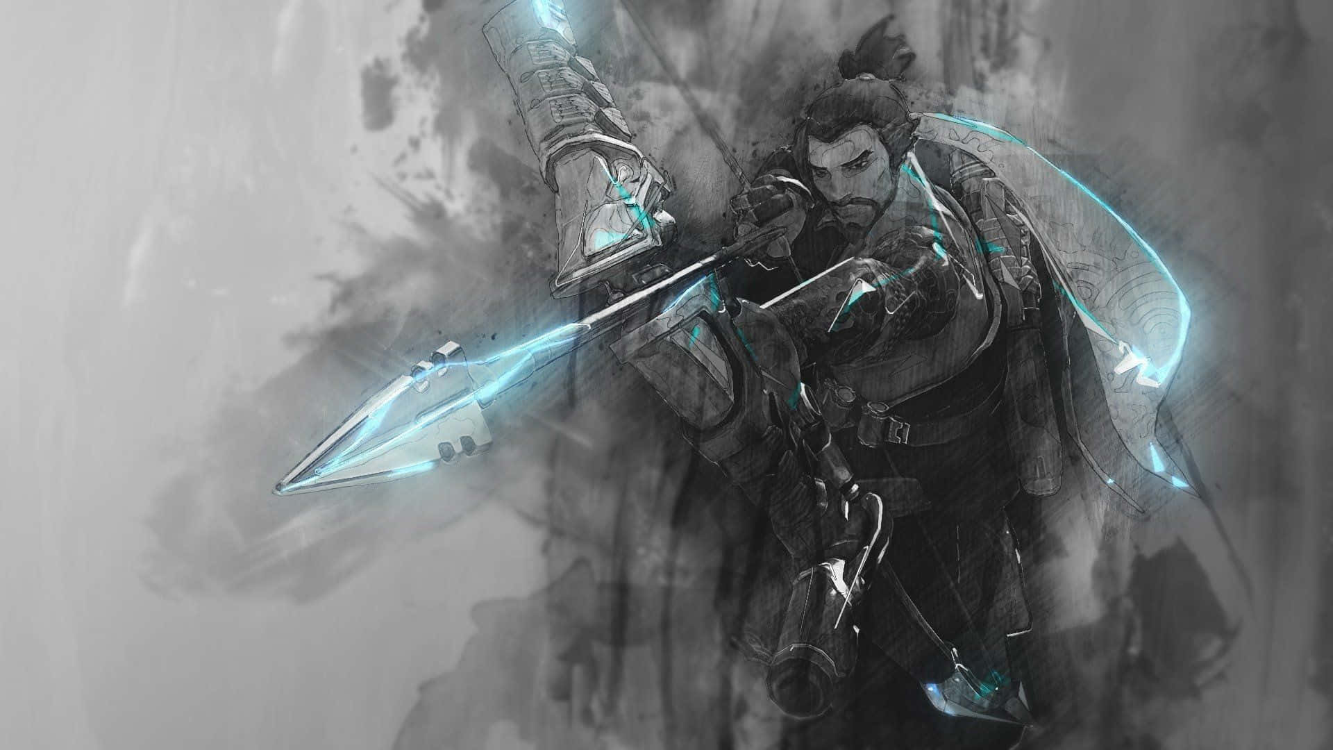 Overwatch Hanzo 桌布 壁紙 — 一名戰士手持發光的藍色能量武器，在煙霧瀰漫的黑白戰場上蓄勢待發。
