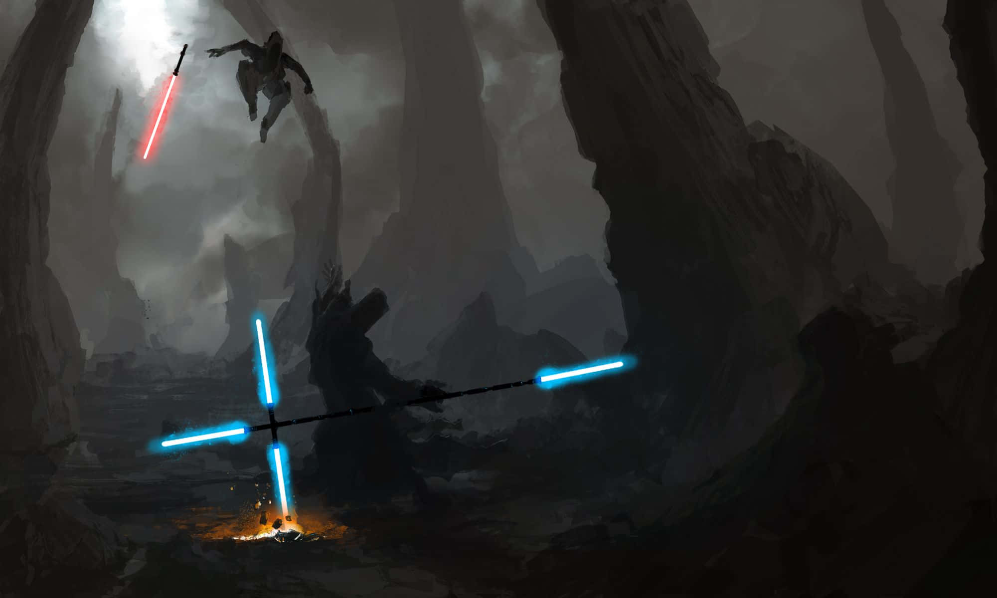 Cool Star Wars 桌布 壁紙 — 一名戰士穿過迷霧籠罩的洞穴，揮舞著紅色光劍，與一名手持藍色雙刃光劍的人物對峙。