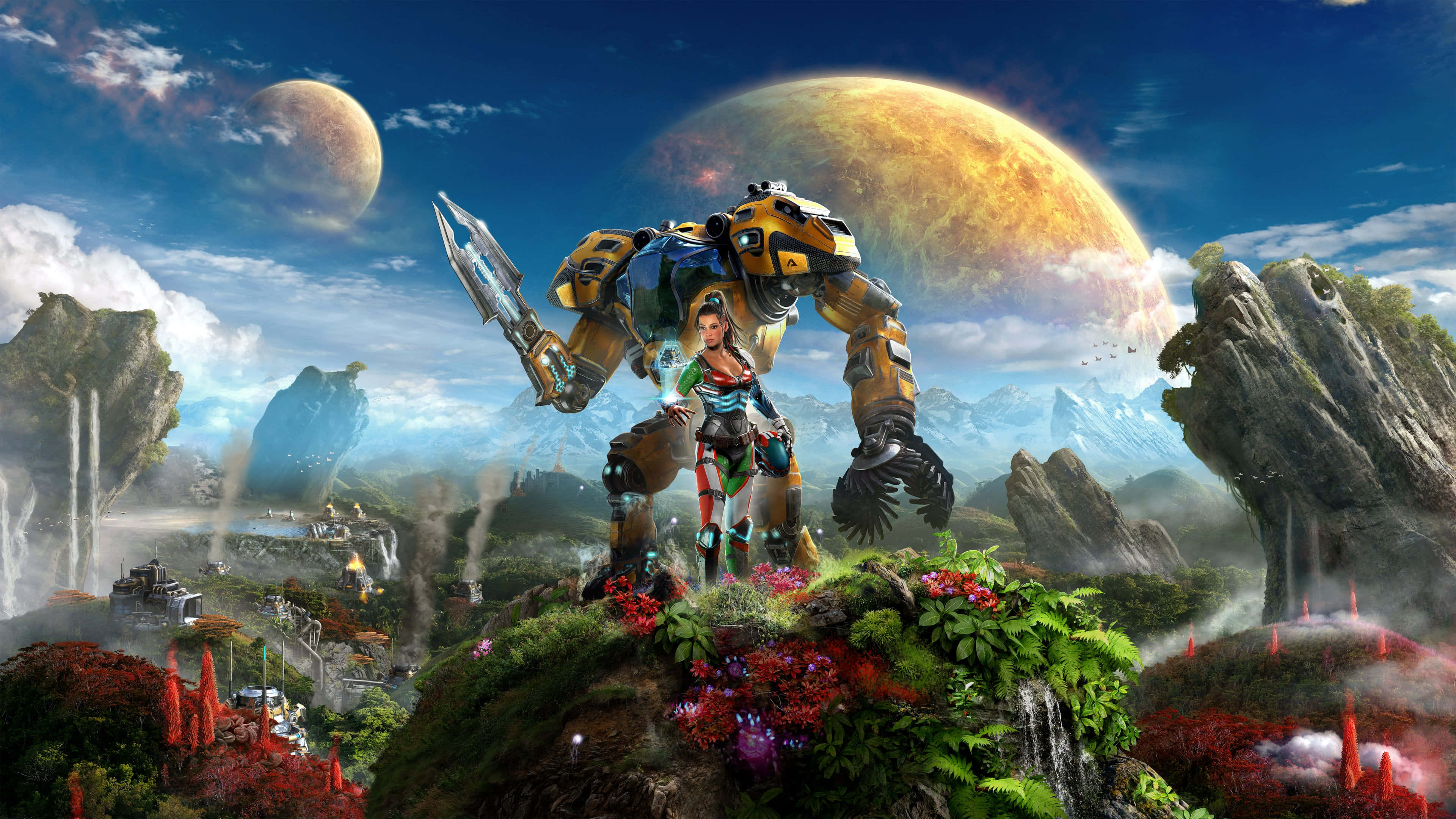 Online Gaming 桌布 壁紙 — 一名戰士站在茂盛的外星山丘上，身旁有一台巨型機甲，天空中有兩個巨大的月亮和浮島。