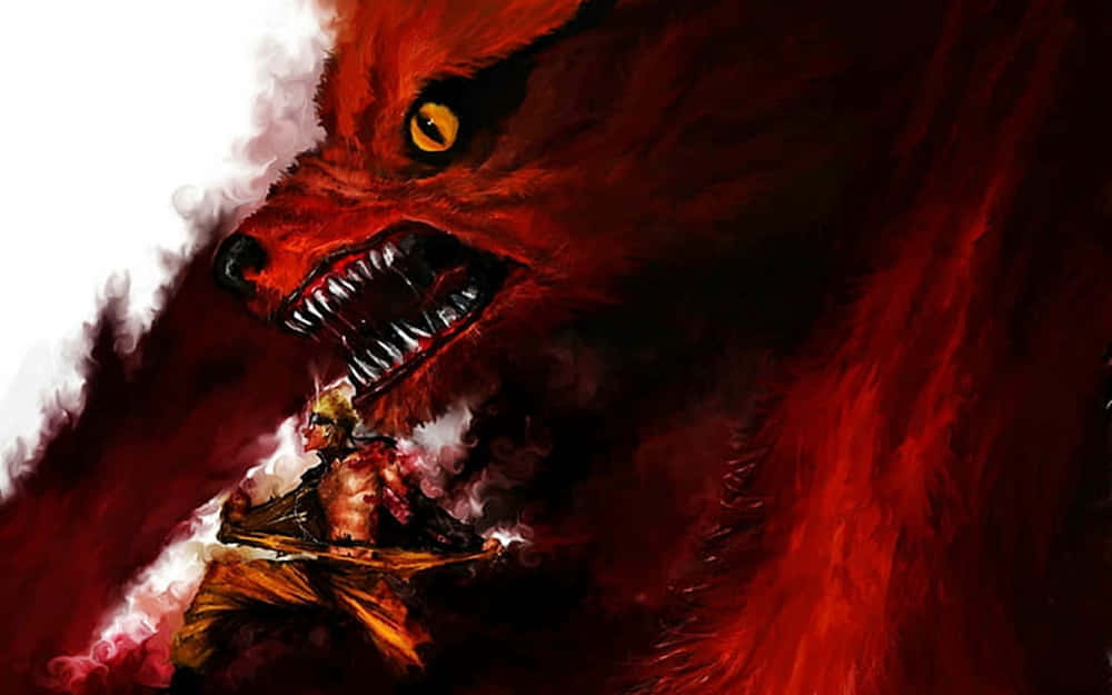 Red Wolf 桌布 壁紙 — 一名戰士與一隻擁有發光黃色眼睛和鋒利獠牙的巨大紅色九尾狐在熾熱的戲劇性場景中戰鬥。
