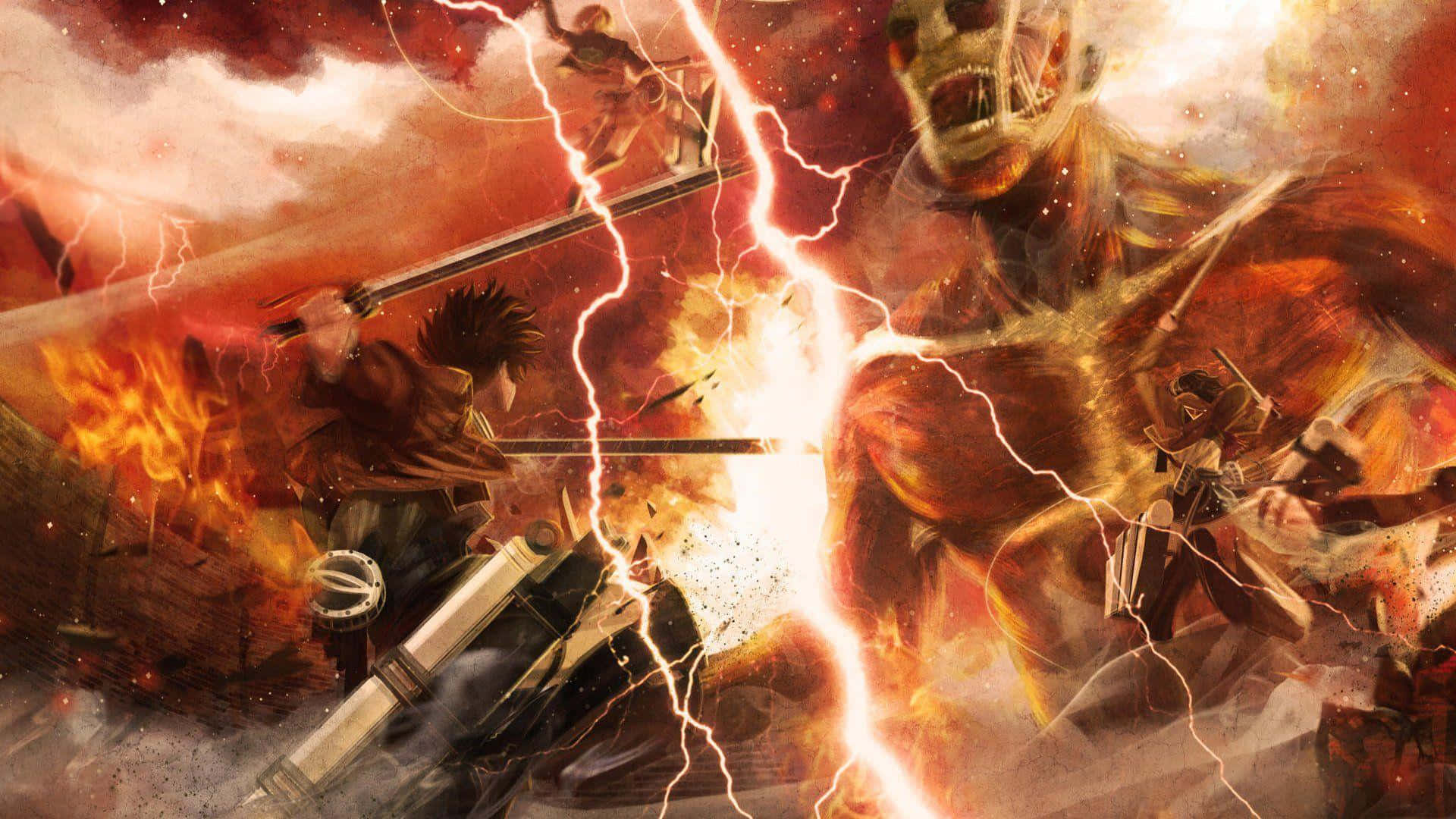 Attack On Titan Video Game 桌布 壁紙 — 一名戰士與巨型泰坦在熾熱爆炸和噼啪閃電中交鋒，構成戲劇性的動畫戰鬥場景。