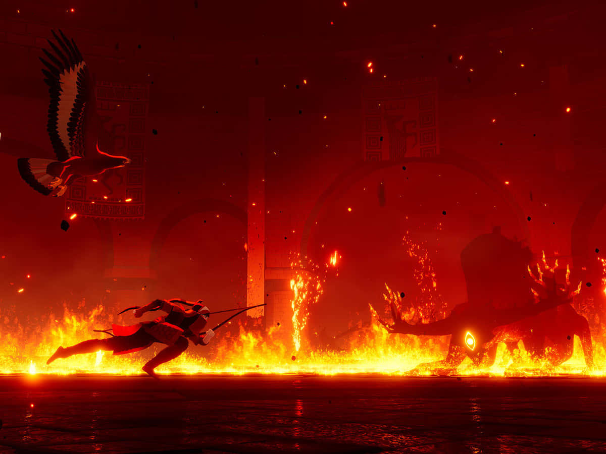 Mustafar 桌布 壁紙 — 一名戰士衝過火熱的戰場，一隻巨大的火焰猛獸在紅色的天空下向前撲來，一隻鷹在翱翔。