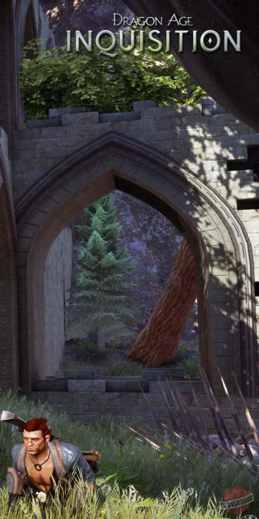 Pixel 3 Dragon Age Inquisition 桌布 壁紙 — 一名戰士蹲在草叢中，面前是一座石拱門，拱門框住了一片森林，森林裡有一棵倒下的樹和遠處的松樹。