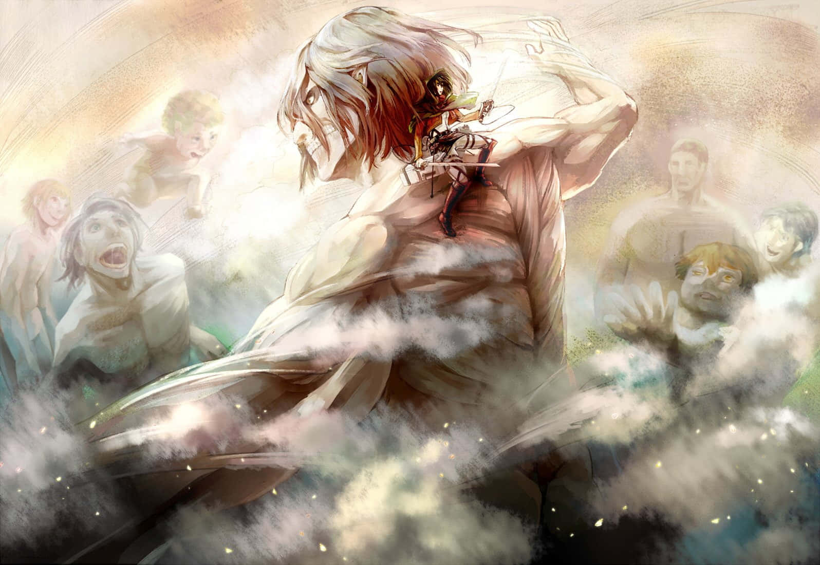 Attack On Titan Season 2 桌布 壁紙 — 一名戰士騎在巨大的泰坦上，幽靈般的身影從旋轉的雲層中出現，構成一個戲劇性的動畫場景。