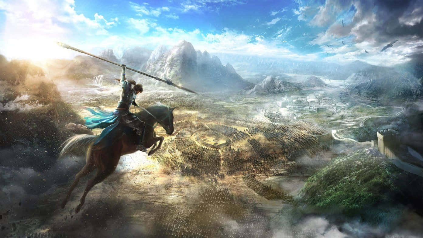 Action Games 桌布 壁紙 — 一名戰士騎著一匹騰躍的馬，穿過霧氣瀰漫的山口，朝著晴朗藍天下的一座遙遠城市衝鋒。