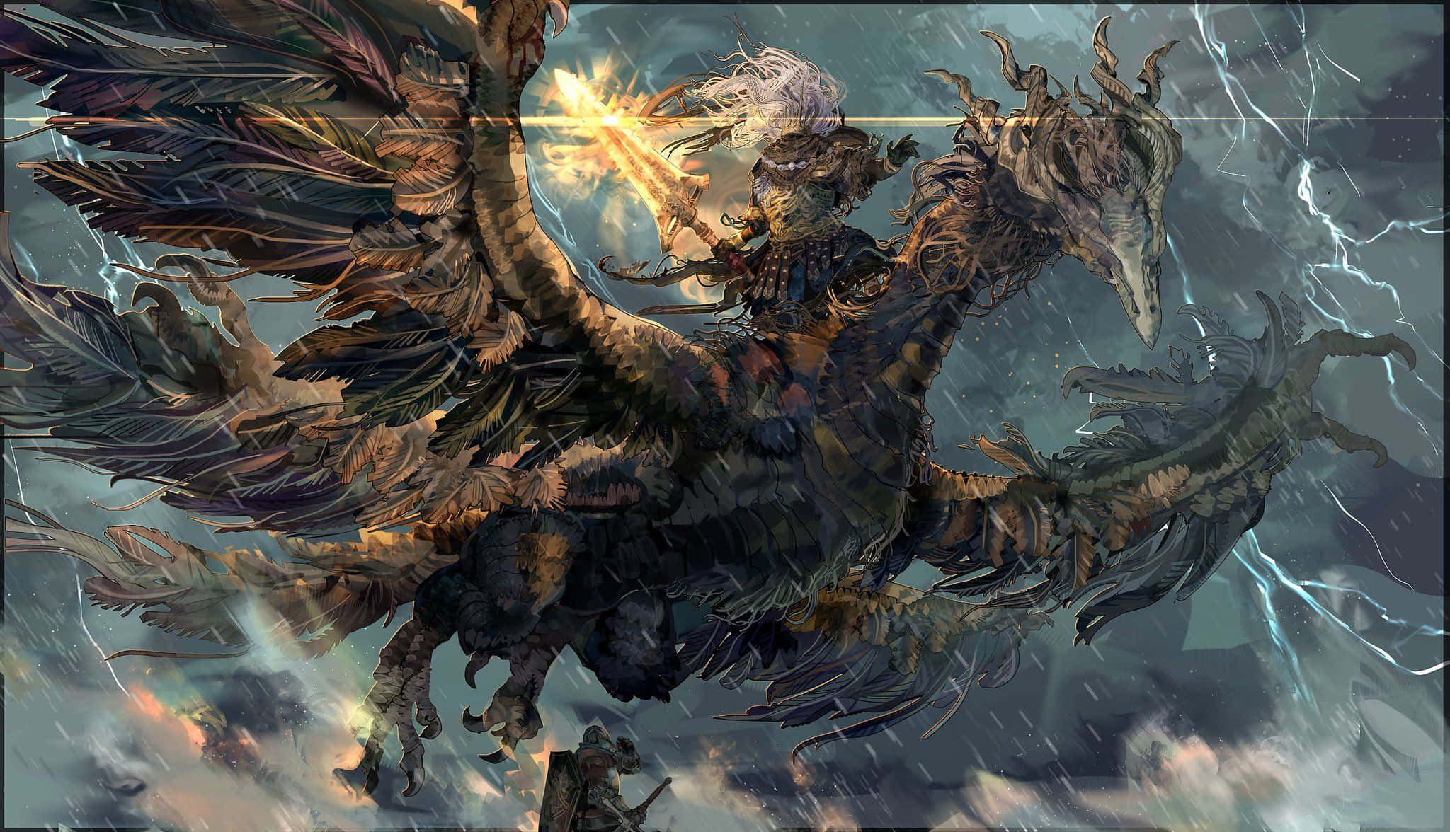 Nameless King 桌布 壁紙 — 一名戰士騎著一隻巨大的羽毛龍穿過暴風雨的天空，閃電在他們周圍劈啪作響。