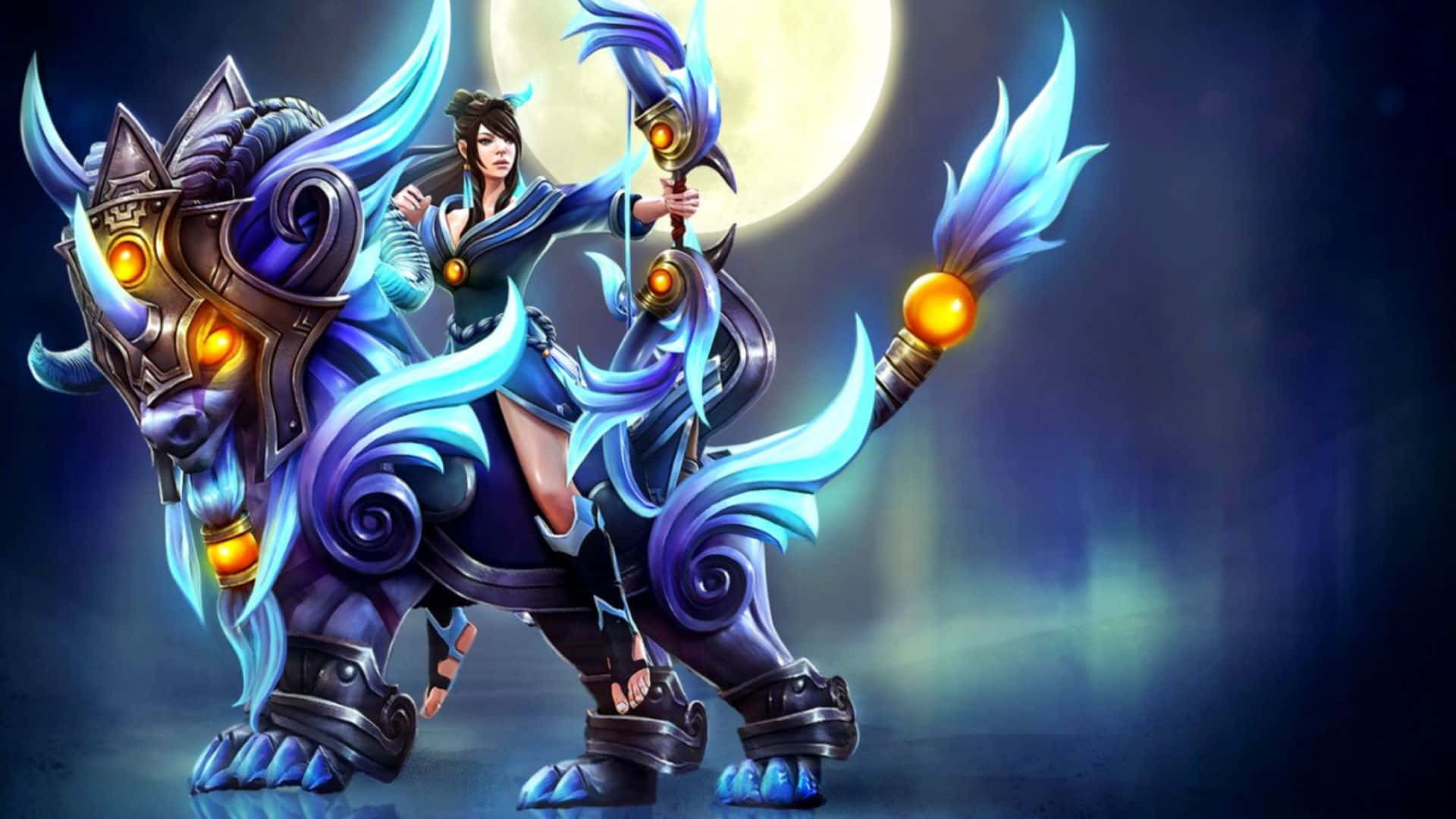 Dota 2 Heroes 桌布 壁紙 — 一名戰士騎著一頭雄偉的藍色裝甲野獸，在發光的滿月下，身處奇幻場景。