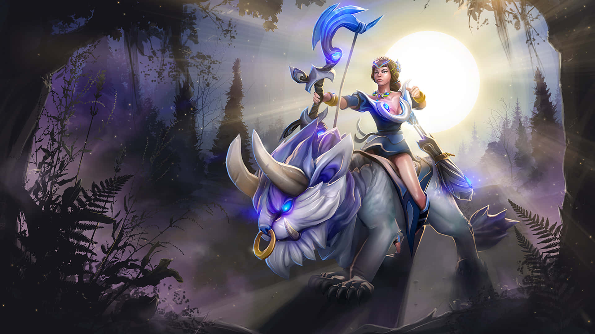 Mirana 桌布 壁紙 — 一名戰士騎著發光的白色野豬，在明亮的滿月下穿過夜晚的迷霧森林。