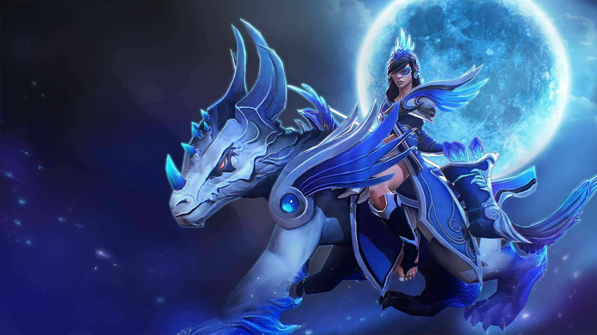 Dota 2 Heroes 桌布 壁紙 — 一名戰士騎著雄偉的藍龍，以發光的月亮為背景，構成奇幻數位場景。