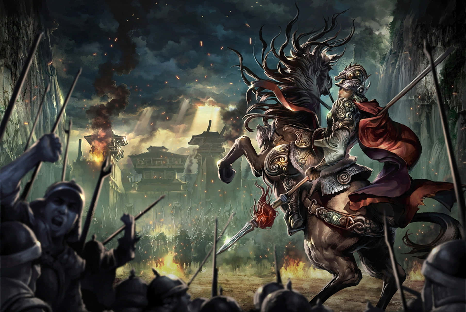 Samurai Battle 桌布 壁紙 — 一名戰士騎著騰躍的馬匹衝過燃燒的戰場，敵人在下方舉起長矛。
