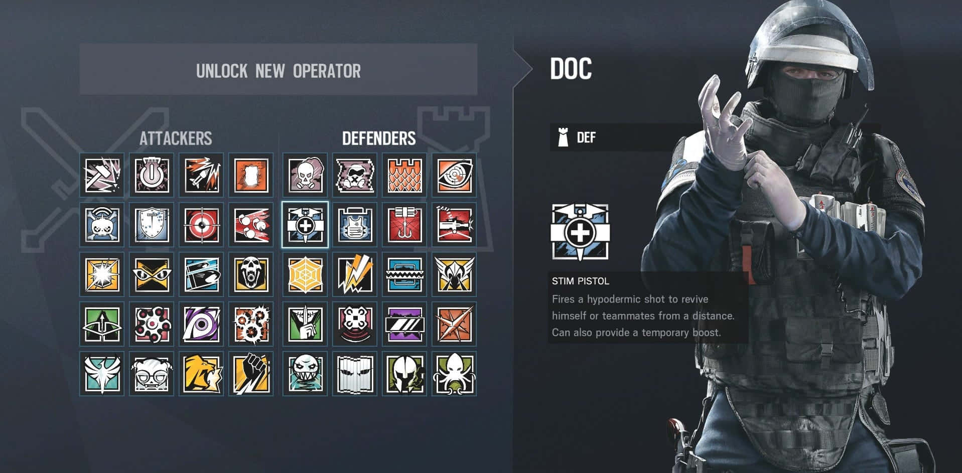 Rainbow Six Siege Doc 桌布 壁紙 — 一名戰術幹員Doc戴著頭盔和背心，戴著手套的手在遊戲幹員圖標網格旁做手勢。