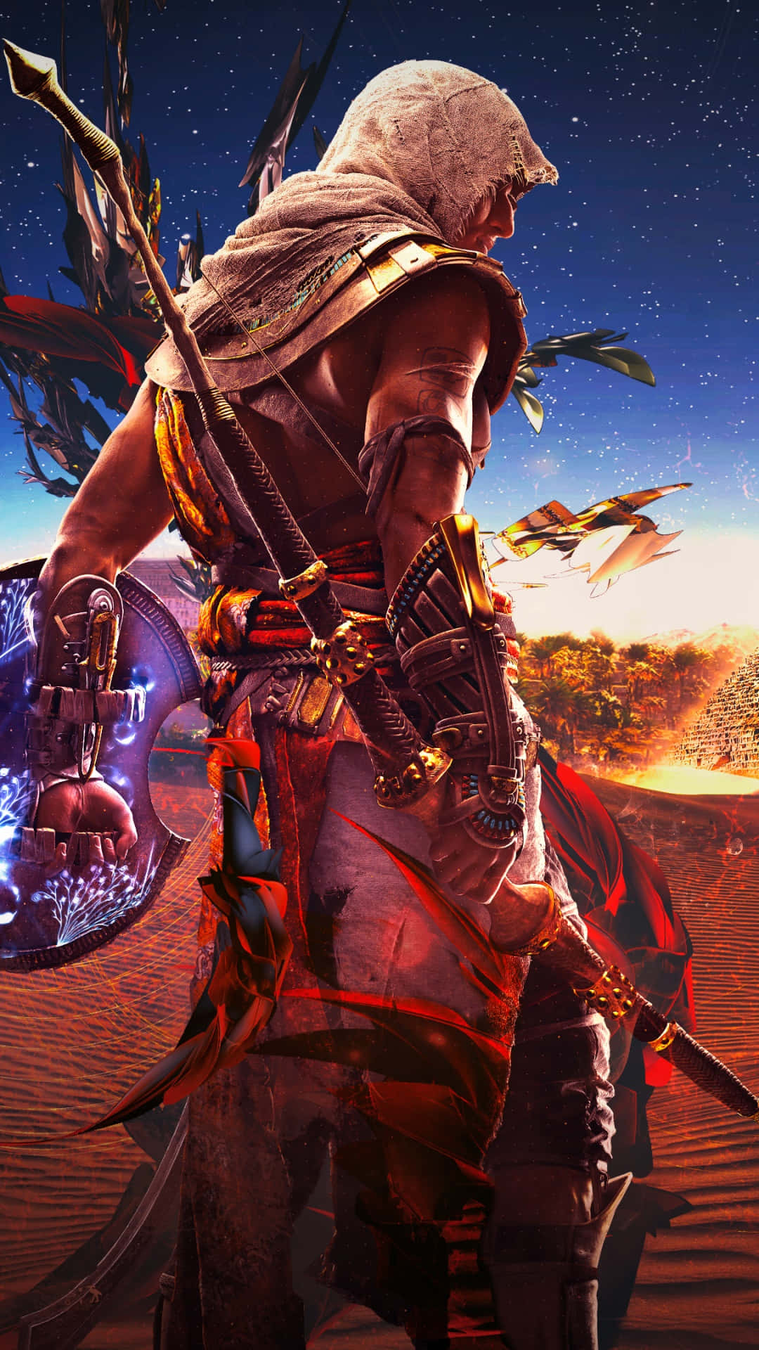 Bayek 桌布 壁紙 — 一名戴兜帽的刺客站在沙漠中，夕陽下手持弓箭和劍，背景有發光的藍色球體和飛鳥。