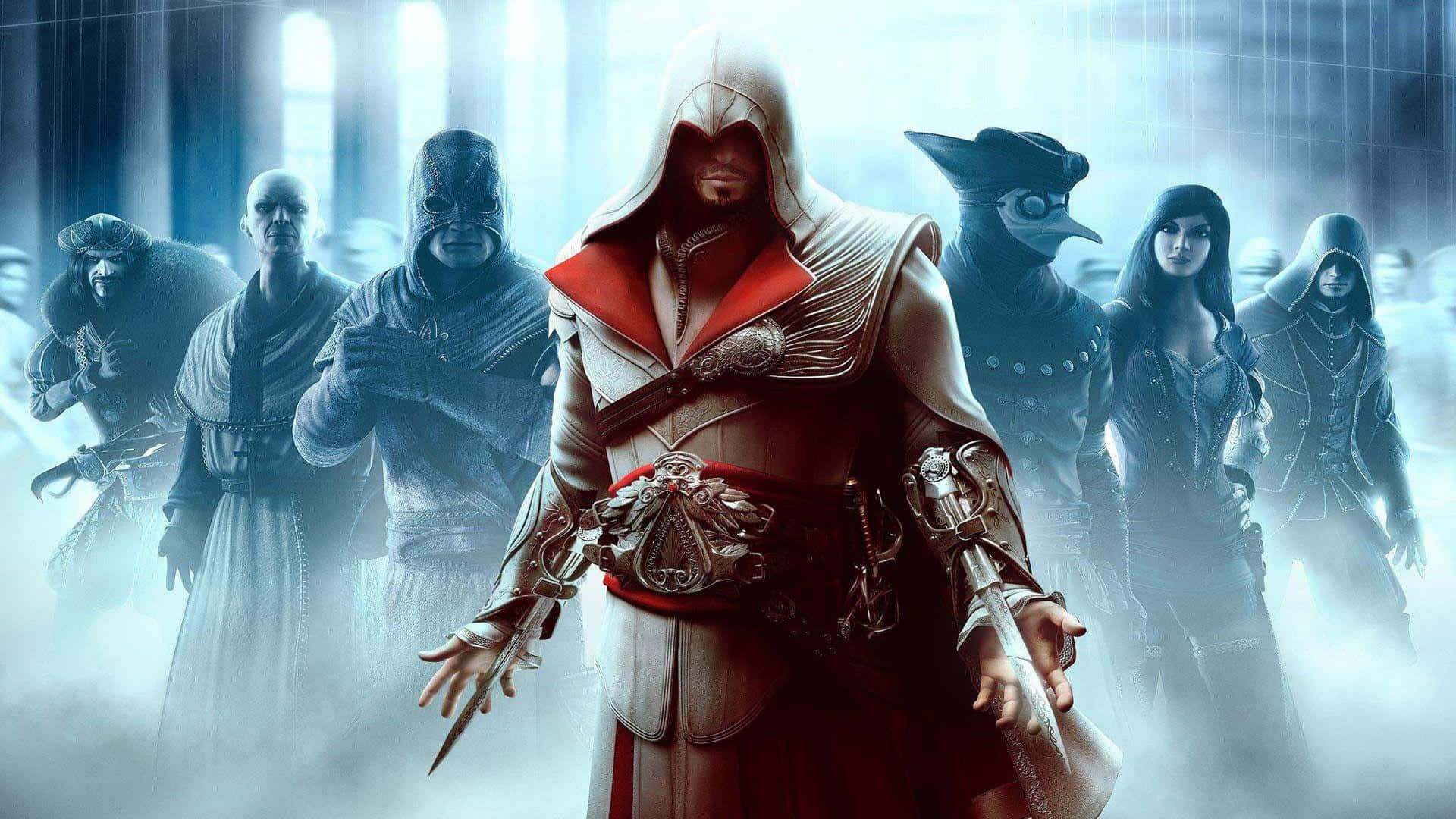 Strategy Game 桌布 壁紙 — 一名戴兜帽的刺客身穿白色和紅色長袍，站在中央，隱藏的刀刃已拔出，兩側是陰影中的盟友，場景迷霧繚繞，充滿電影感。
