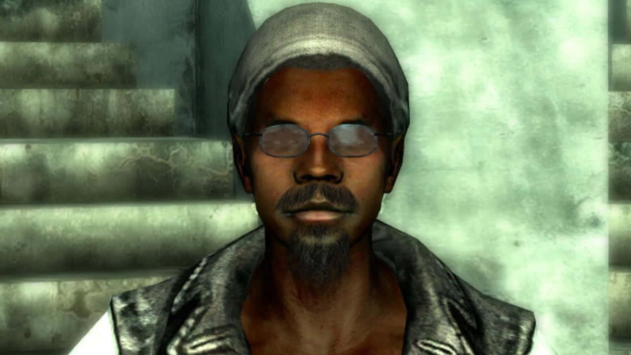 Fallout Characters 桌布 壁紙 — 一名戴眼鏡和頭巾的男子，面對著帶有水平凹槽的風化混凝土牆凝視前方。