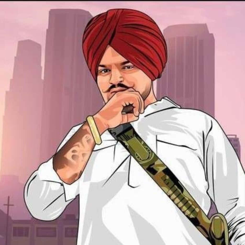 Sidhu Moose Wala 桌布 壁紙 — 一名戴紅色頭巾、穿白衫的男子，在粉紅色城市天際線前持步槍。