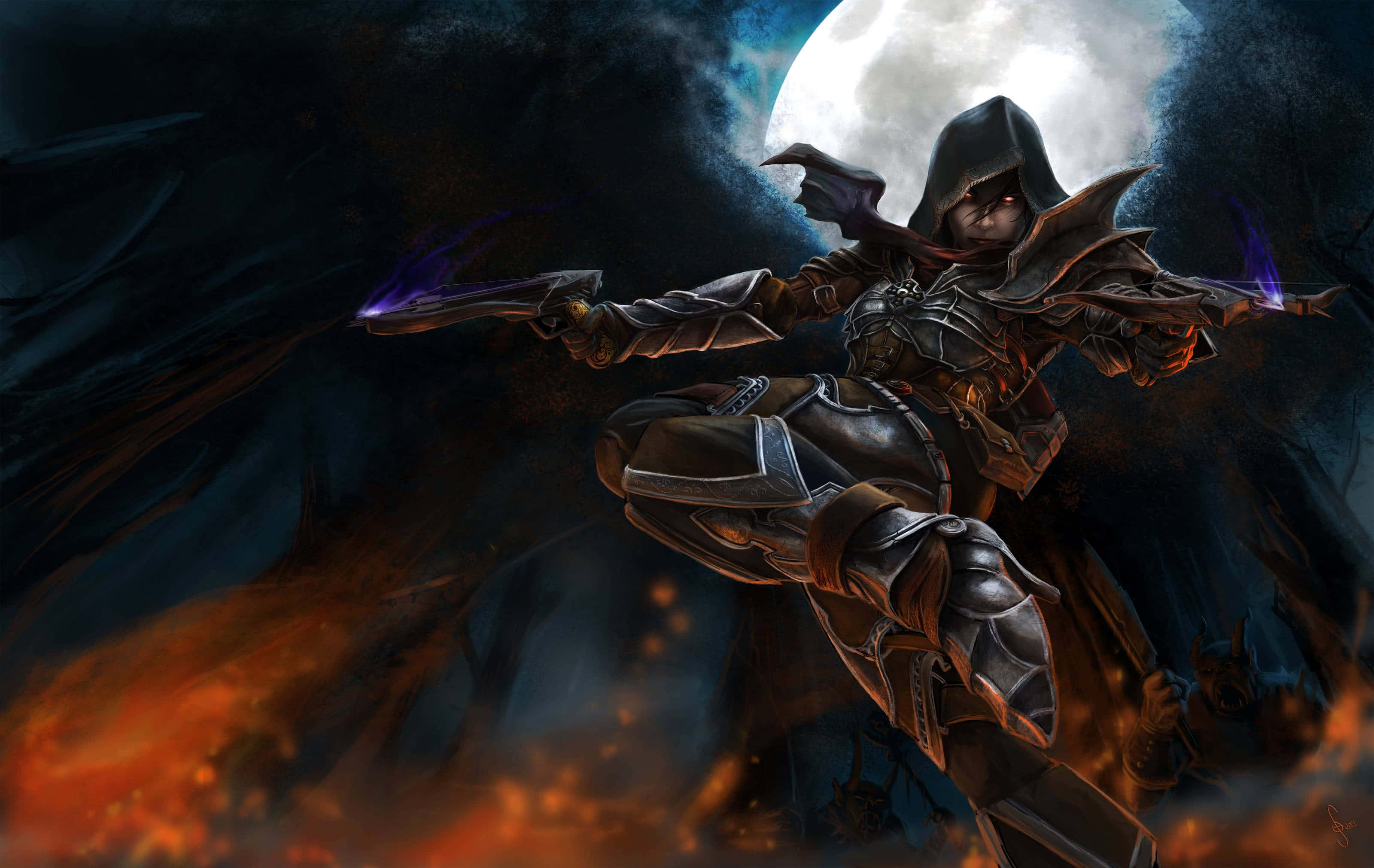Demon Hunting 桌布 壁紙 — 一名戴著兜帽、身穿暗色鎧甲的戰士在月光照耀的天空下動態跳躍，下方有熾熱的火星旋轉。