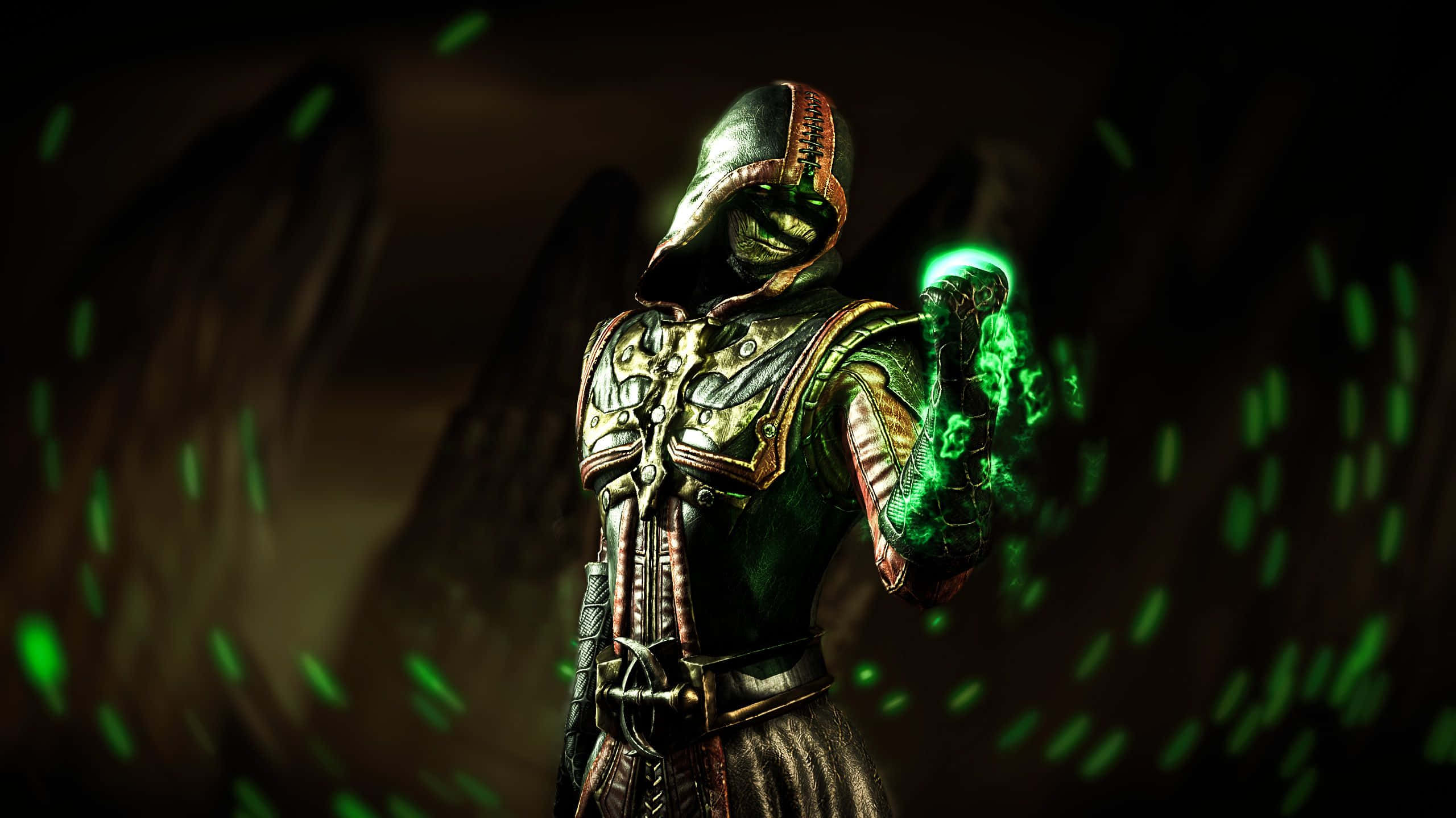 Mortal Kombat Reptile 桌布 壁紙 — 一名戴著兜帽、身穿華麗盔甲的戰士，在黑暗洞穴般的環境中引導發光的綠色能量。