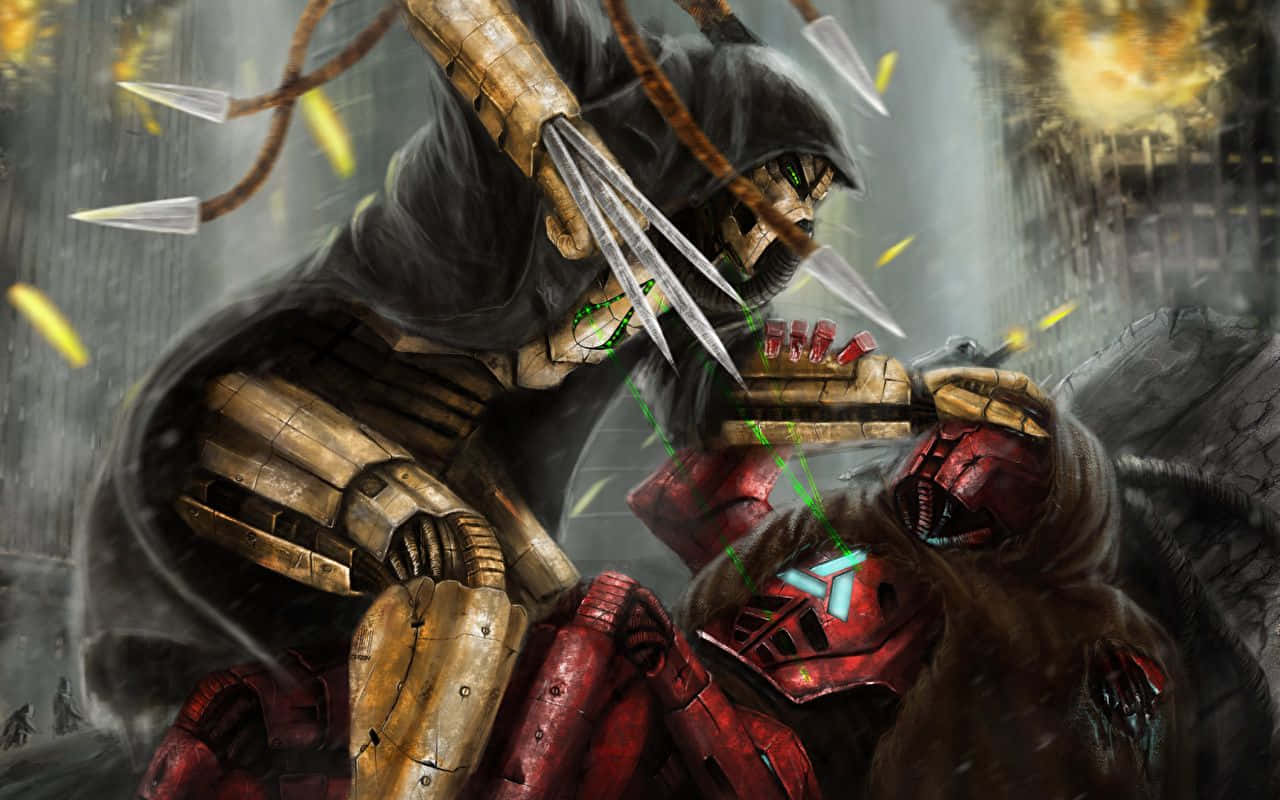 Mortal Kombat Cyrax 桌布 壁紙 — 一名戴著兜帽、身穿金色盔甲的戰士，在箭矢與碎片紛飛的惡劣戰場上，與一名紅色盔甲的敵人交戰。