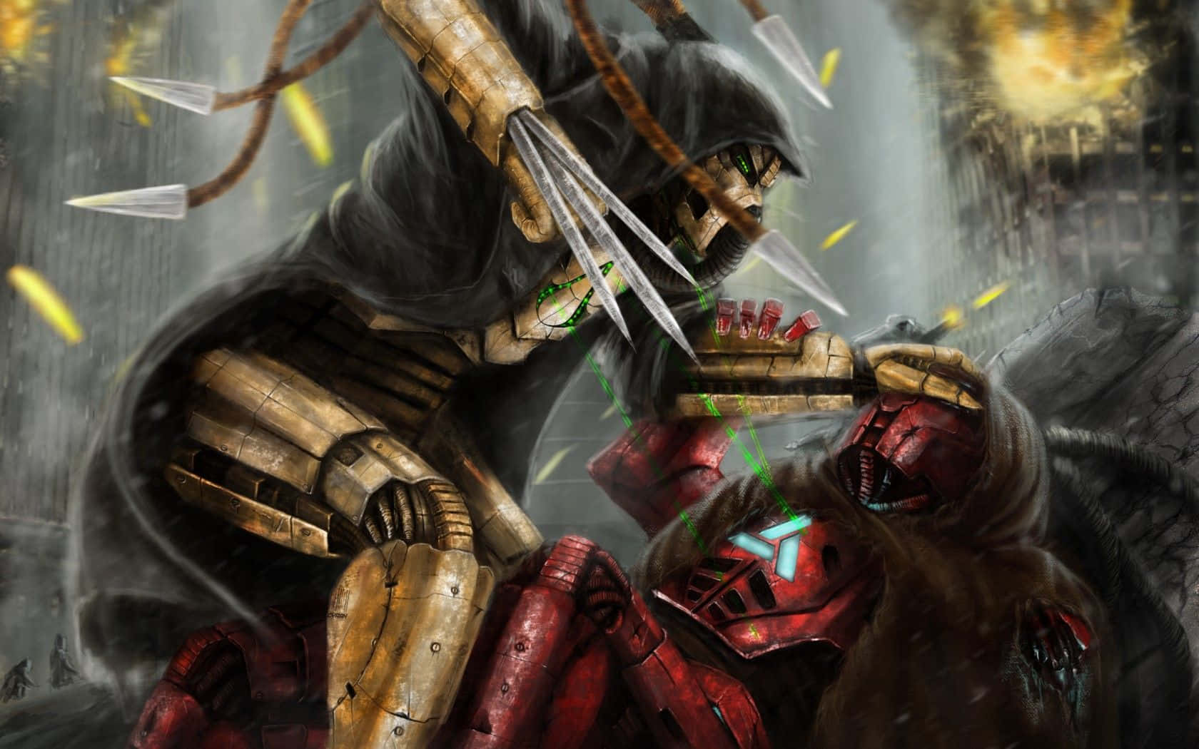 Mortal Kombat Triborg 桌布 壁紙 — 一名戴著兜帽、身穿金色盔甲的戰士，在箭矢和碎片紛飛的惡劣戰場上，與一名紅色盔甲的敵人交鋒。