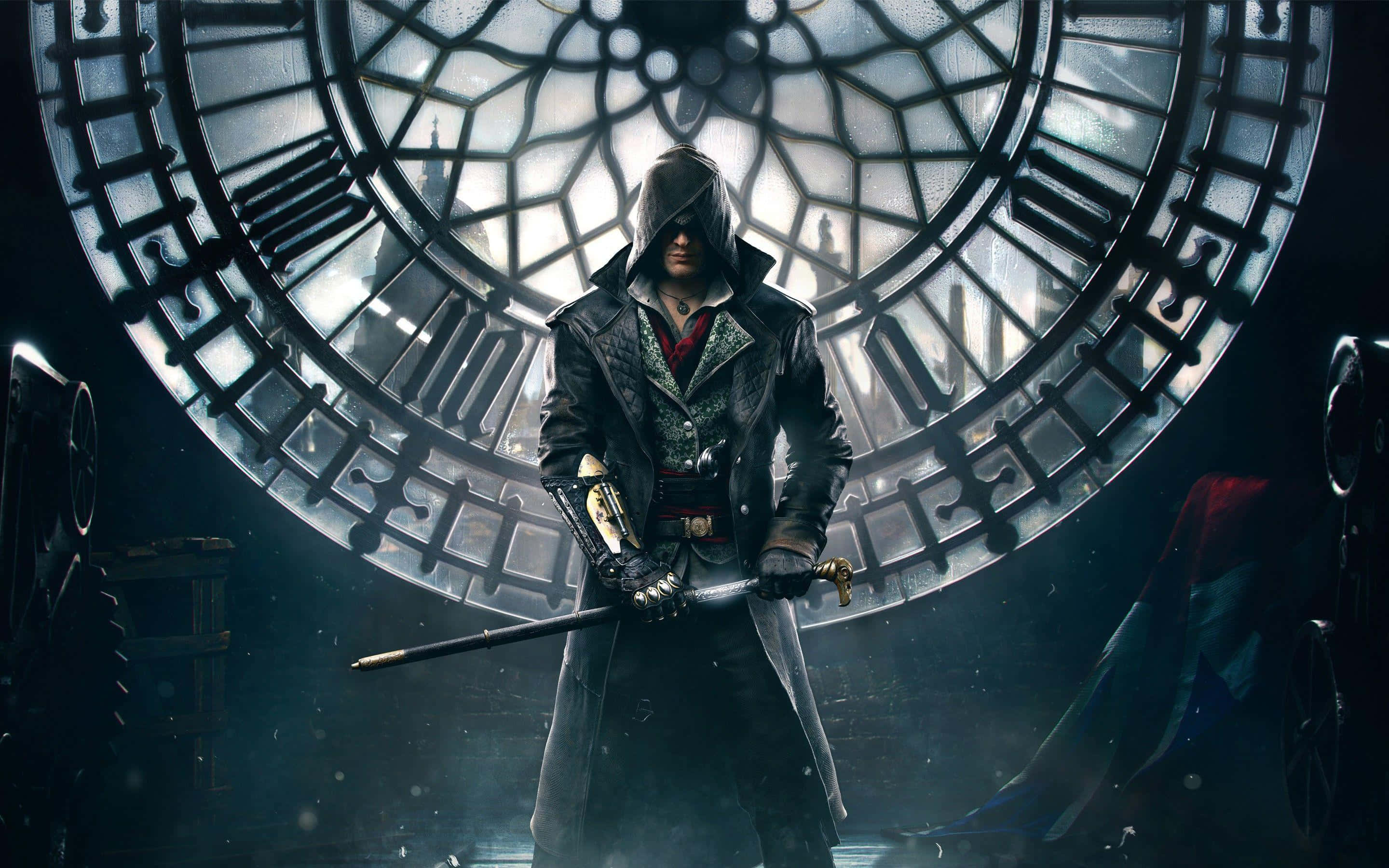 Assassin's Creed Syndicate 桌布 壁紙 — 一名戴著兜帽的刺客在昏暗的房間裡，手持劍站在一個巨大的裝飾時鐘錶盤前。