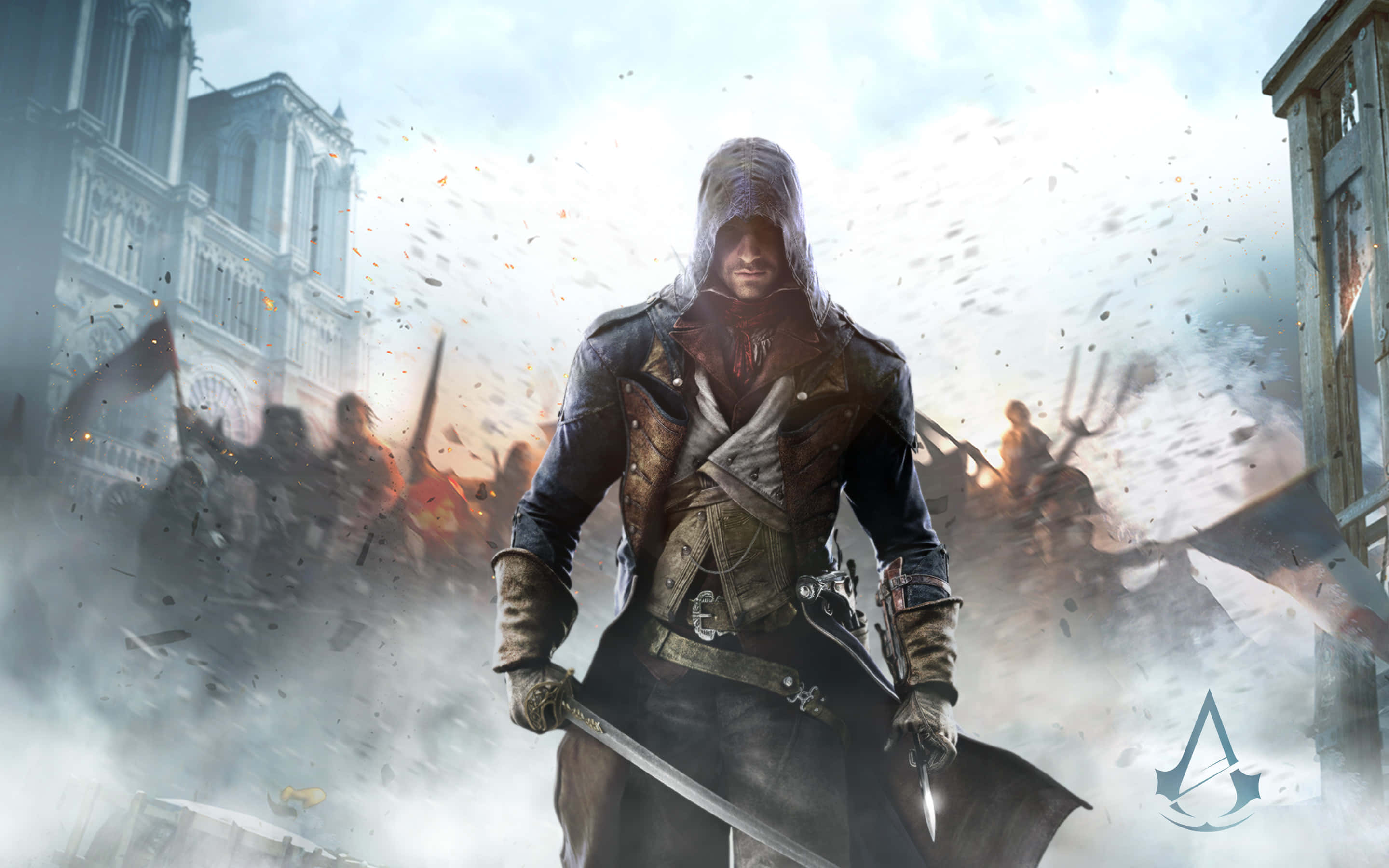 Arno Dorian 桌布 壁紙 — 一名戴著兜帽的刺客在混亂的中世紀街頭戰鬥中挑釁地站立，碎片飛揚，巴黎聖母院在背後聳立。
