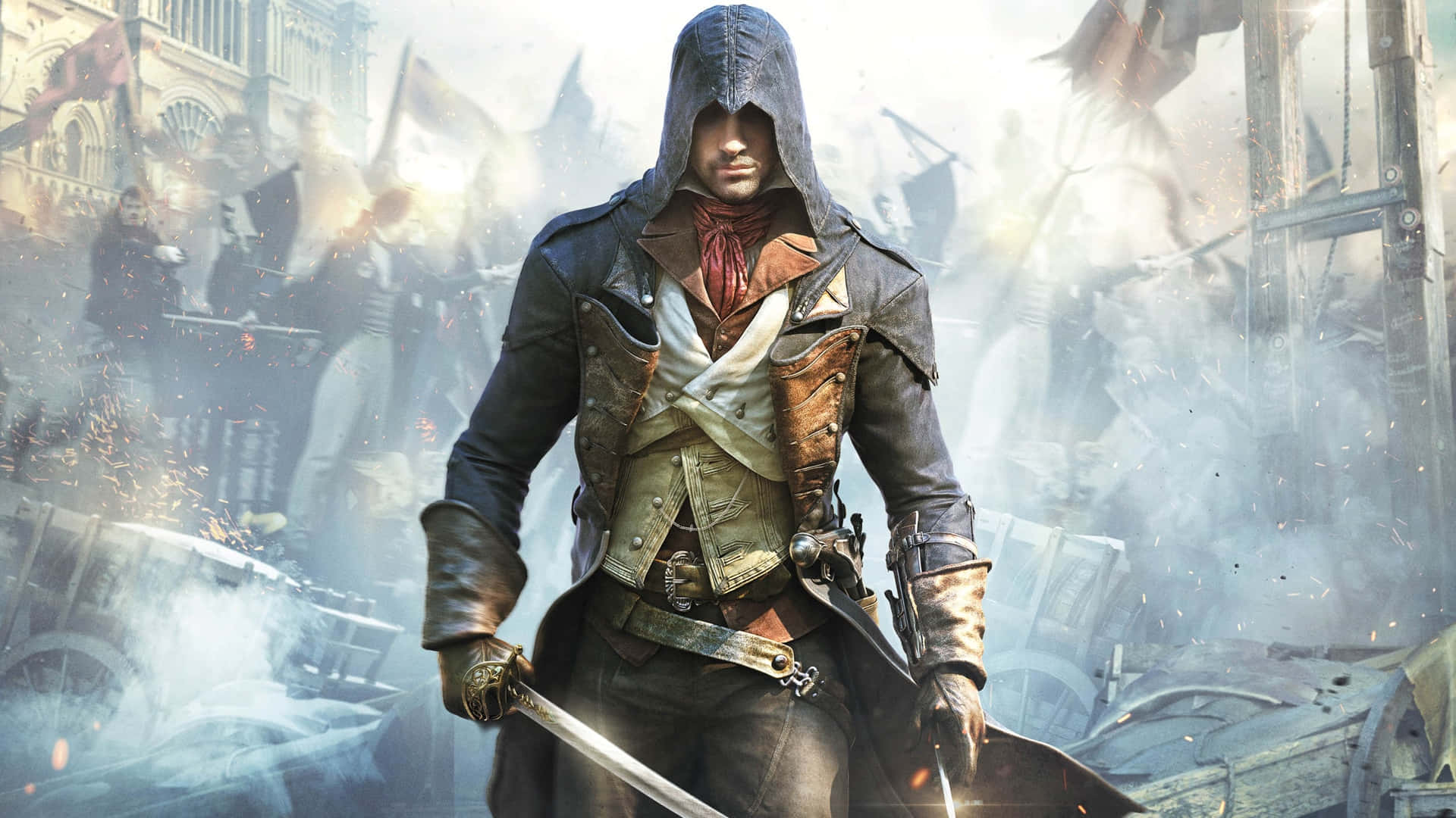 Arno Dorian 桌布 壁紙 — 一名戴著兜帽的刺客在煙霧與火焰的混亂戰場上持劍待發。