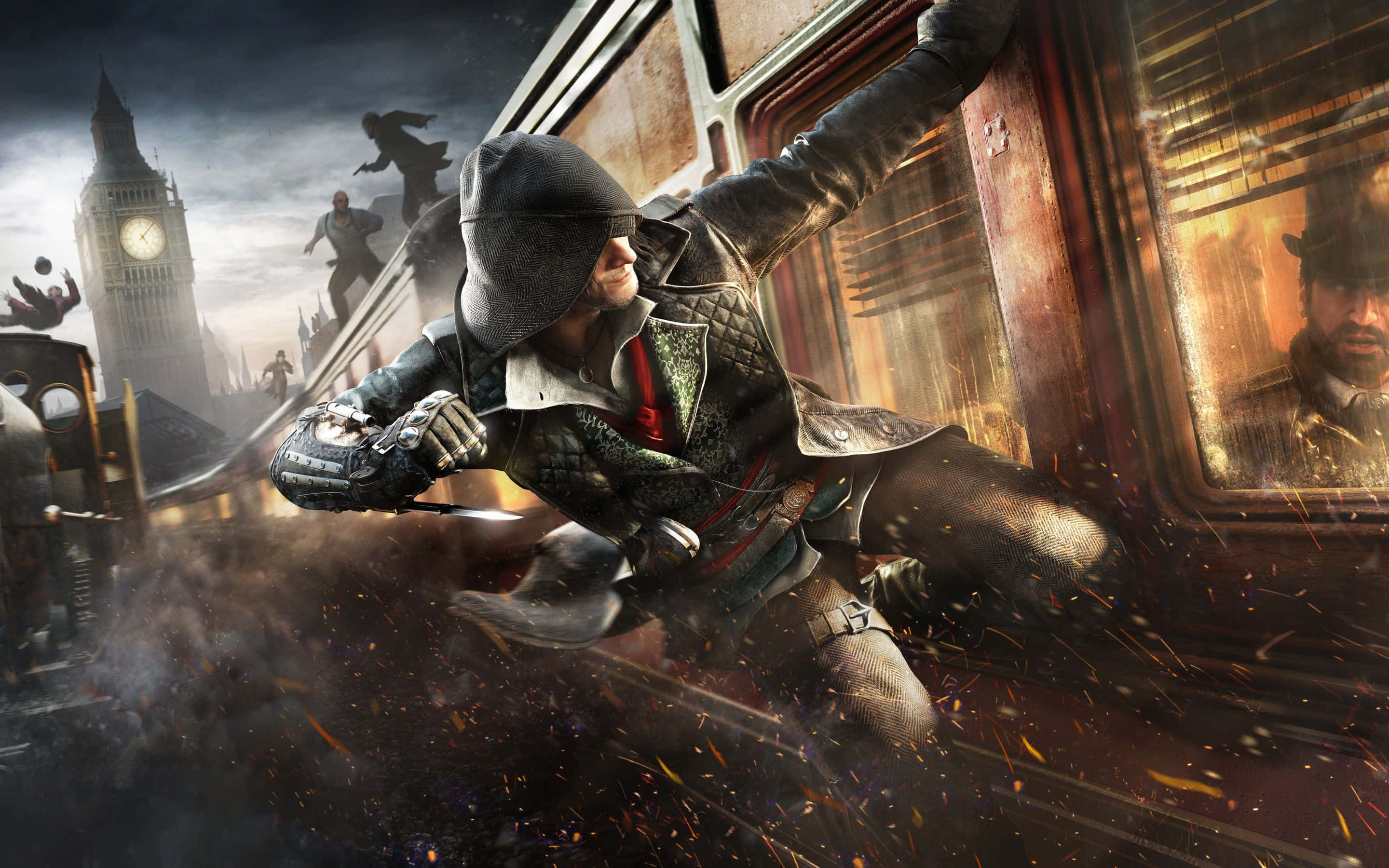 Assassin's Creed Syndicate 桌布 壁紙 — 一名戴著兜帽的刺客在陰沉的倫敦場景中攀爬一輛行駛中的火車，大笨鐘在暴風雨的天空下若隱若現。