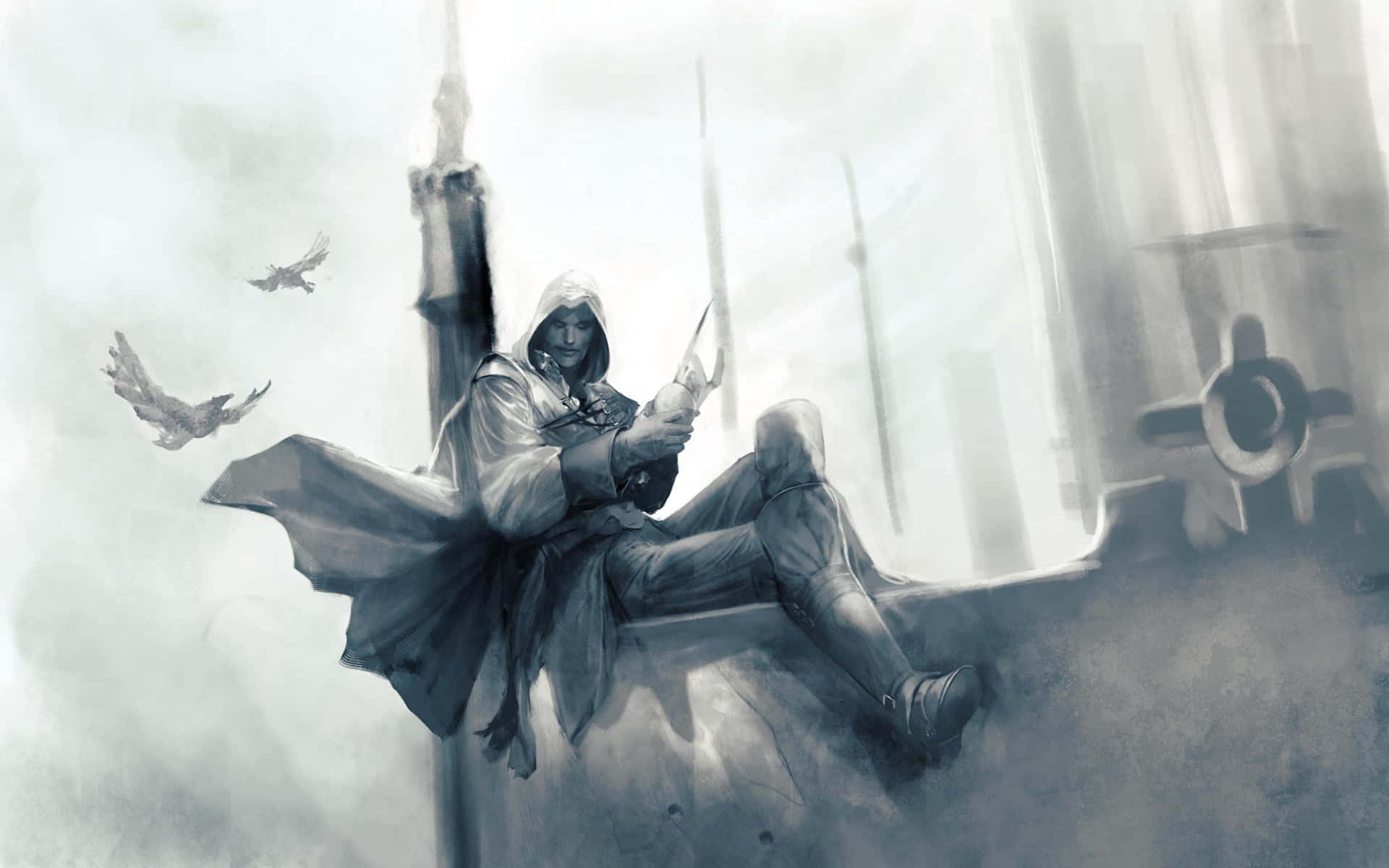 Desmond Miles 桌布 壁紙 — 一名戴著兜帽的刺客坐在 crumbling 塔頂，手持刀刃，烏鴉在霧氣瀰漫的黑白場景中飛過。