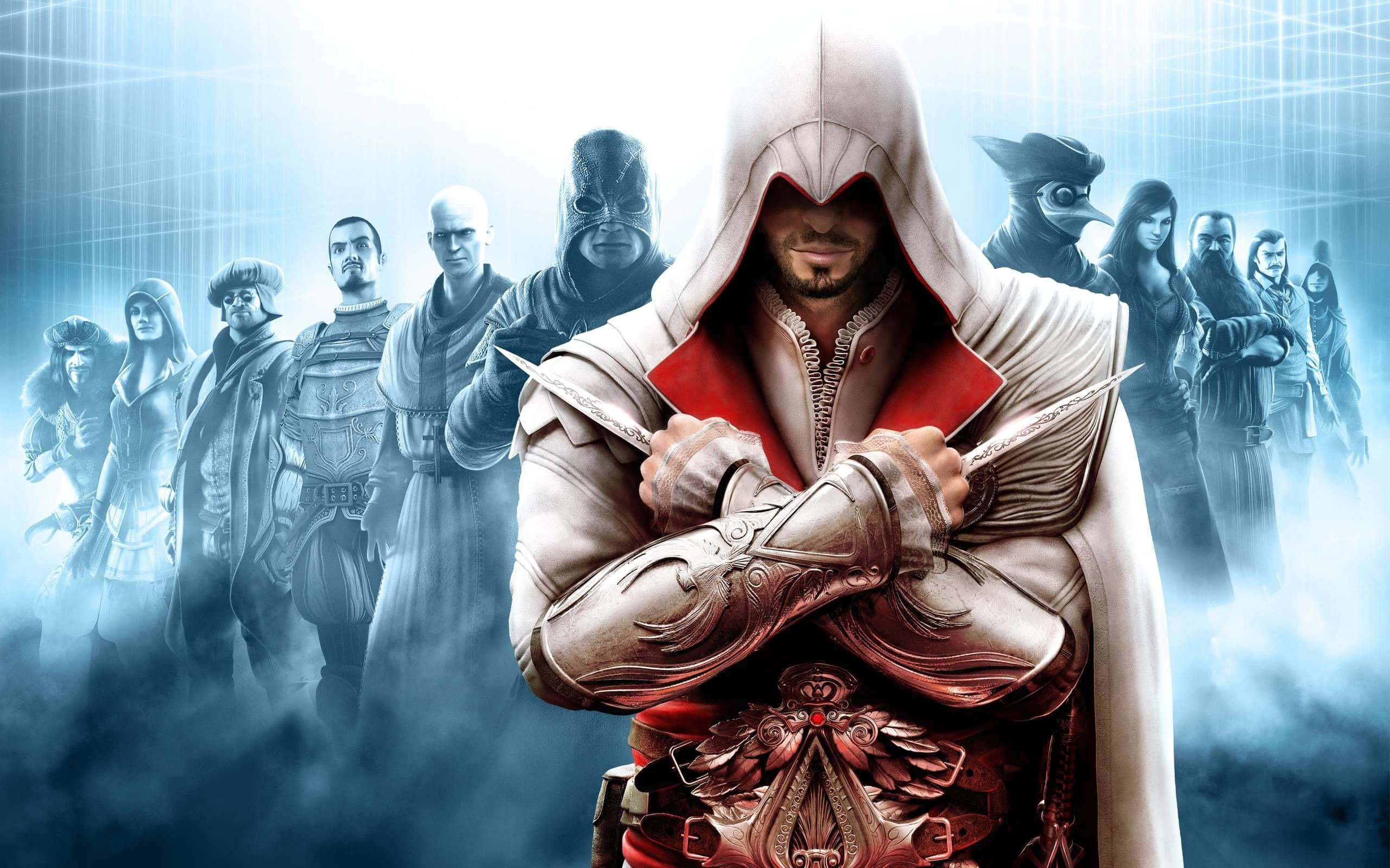 Assassin's Creed Brotherhood 桌布 壁紙 — 一名戴著兜帽的刺客手持雙刃站在中央，身後有一隊盟友，場景籠罩在迷霧般的藍色燈光中。