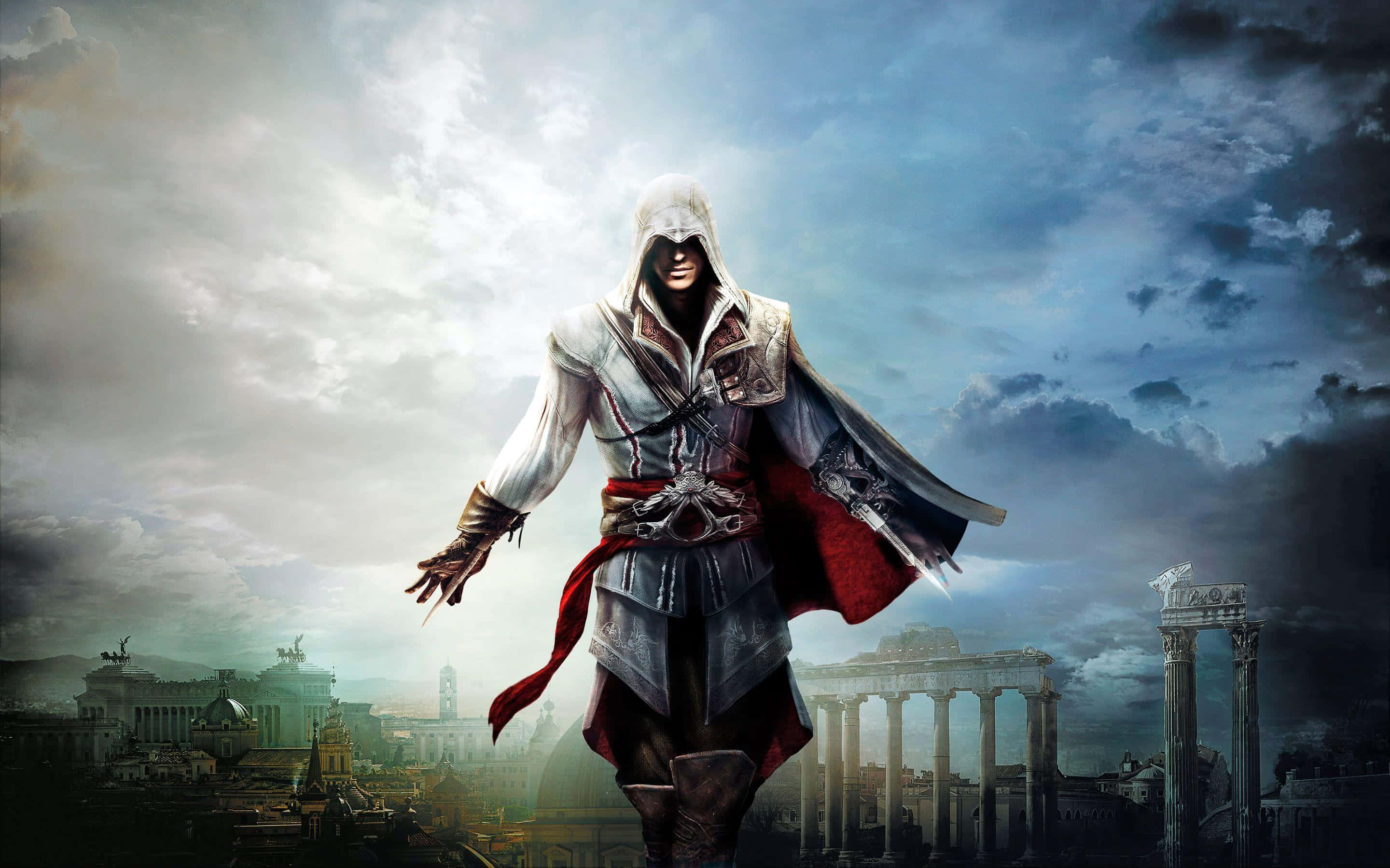 Assassin's Creed Altair 桌布 壁紙 — 一名戴著兜帽的刺客站在古羅馬遺跡上，背景是戲劇性的多雲天空。