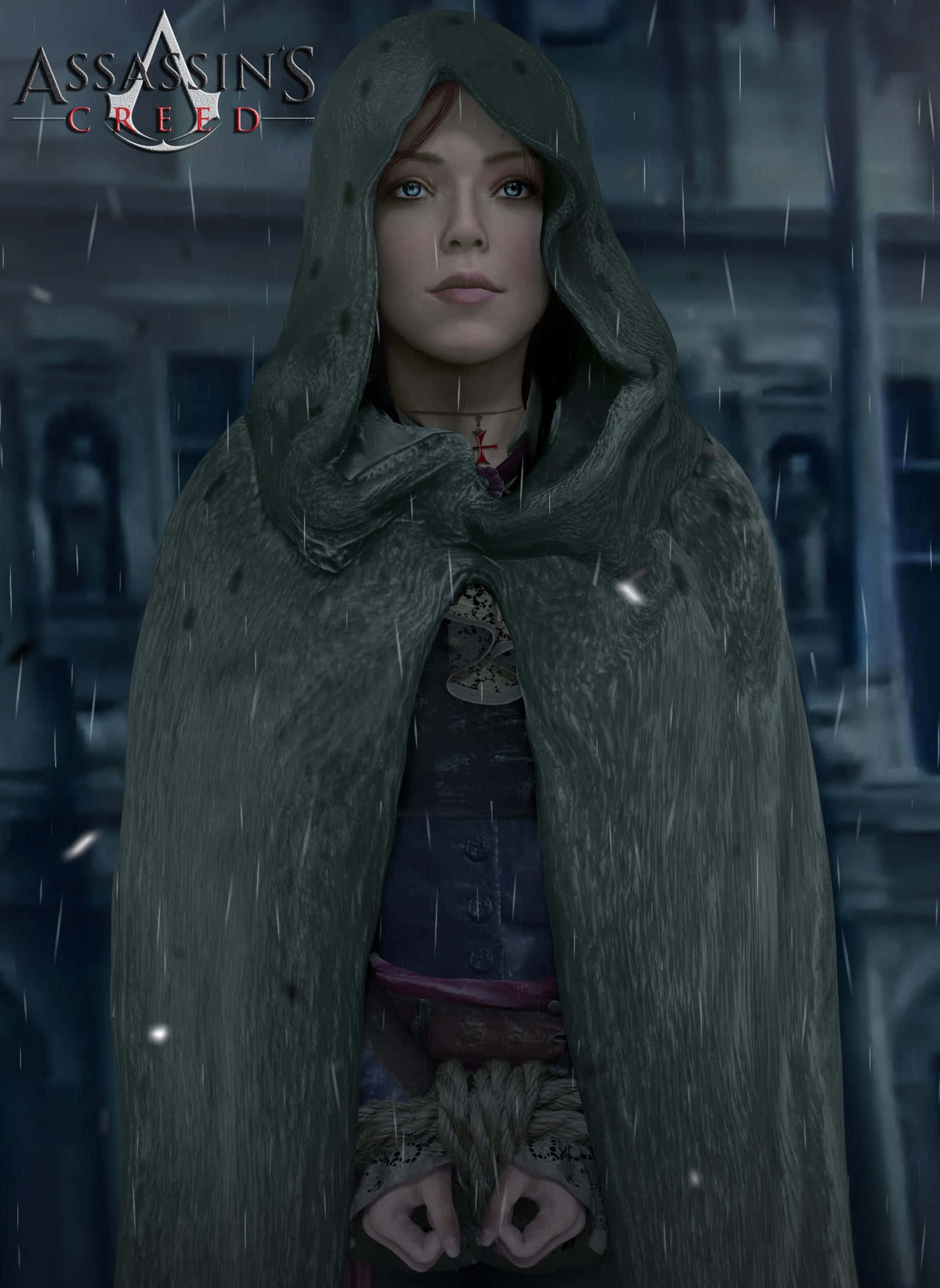 élise De La Serre 桌布 壁紙 — 一名戴著兜帽的刺客站在雨中，眼神堅定，背景是模糊的城市景觀。