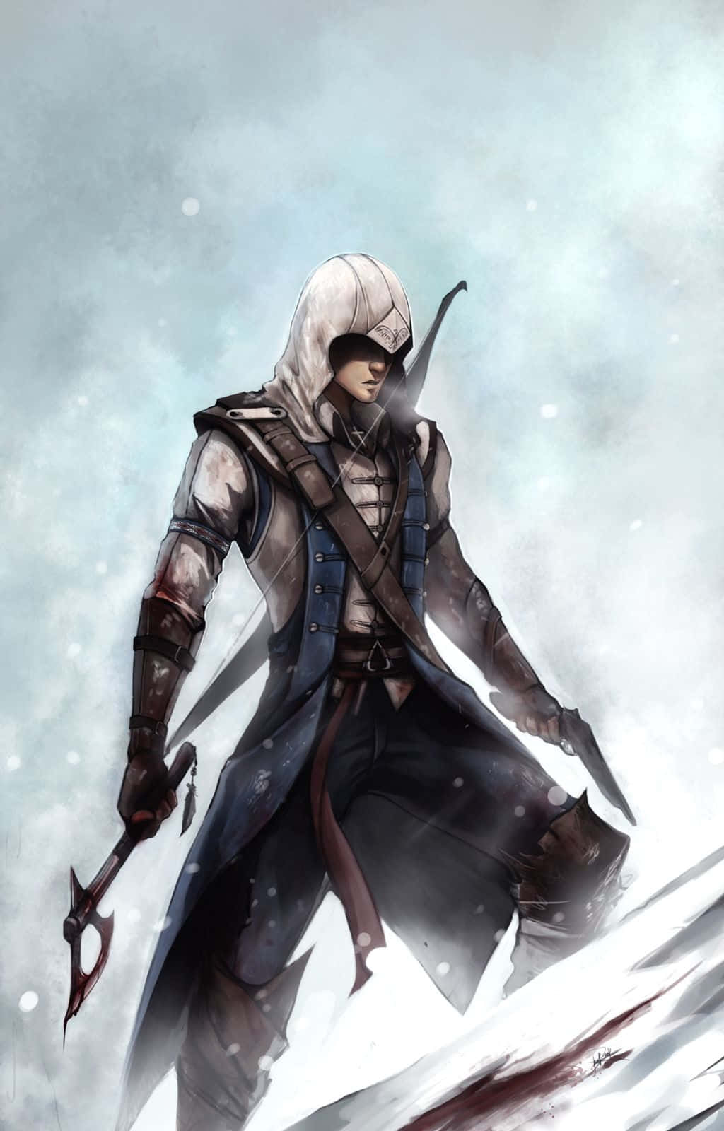 Connor Kenway 桌布 壁紙 — 一名戴著兜帽的刺客站在雪坡上，手持隱藏刀刃和匕首，背景是霧濛濛的冬日景色。
