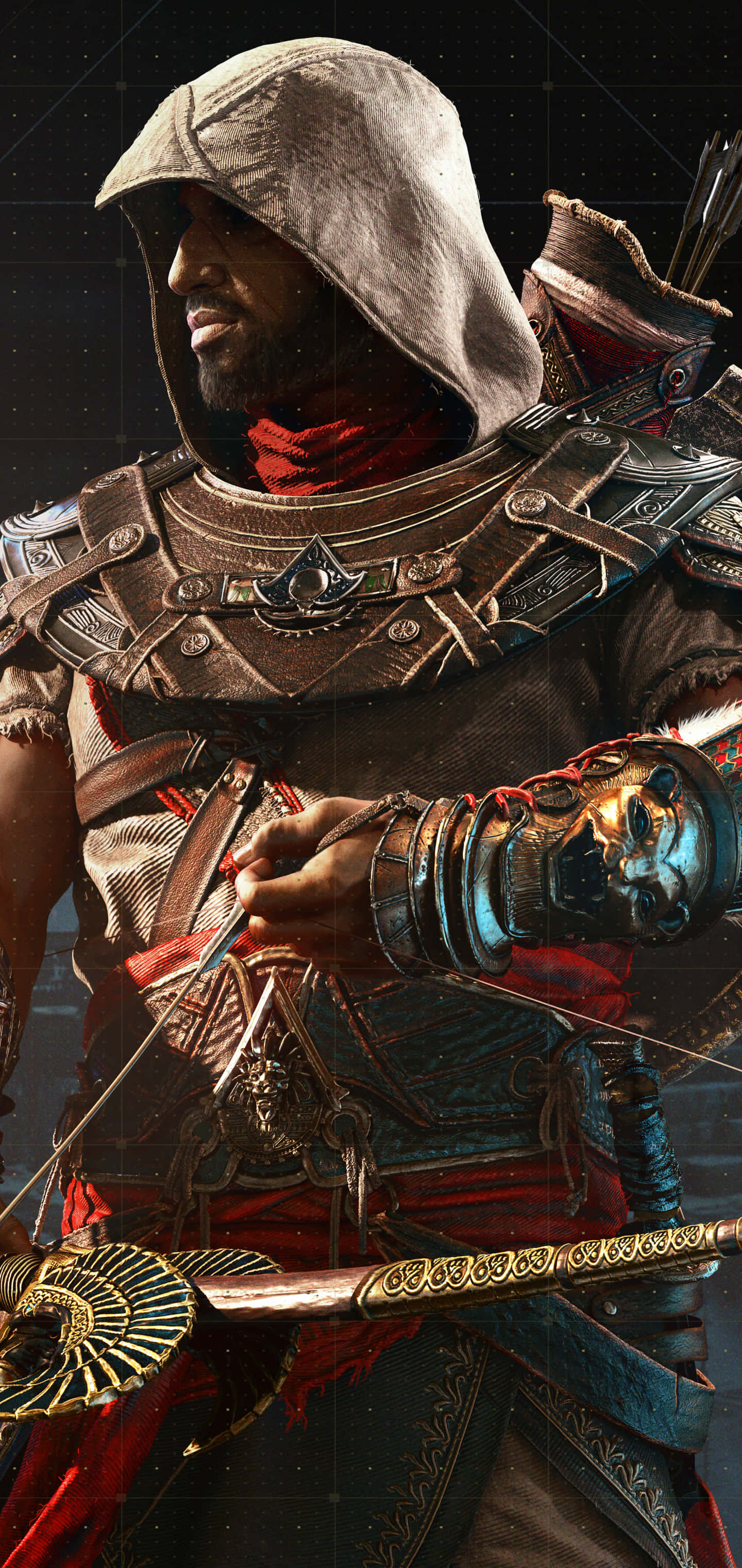 Bayek 桌布 壁紙 — 一名戴著兜帽的刺客身穿精細盔甲，在繁星點點的夜空下緊握刀刃。
