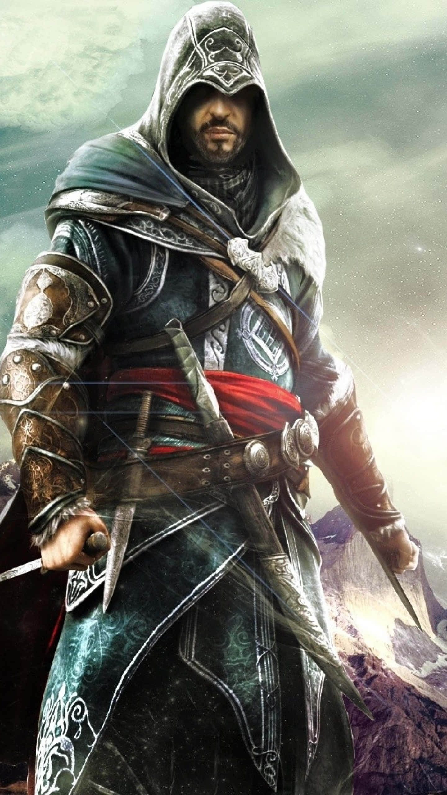 Desmond Miles 桌布 壁紙 — 一名戴著兜帽的刺客身穿華麗盔甲，在霧氣繚繞的山巒背景下拔出刀刃蓄勢待發。