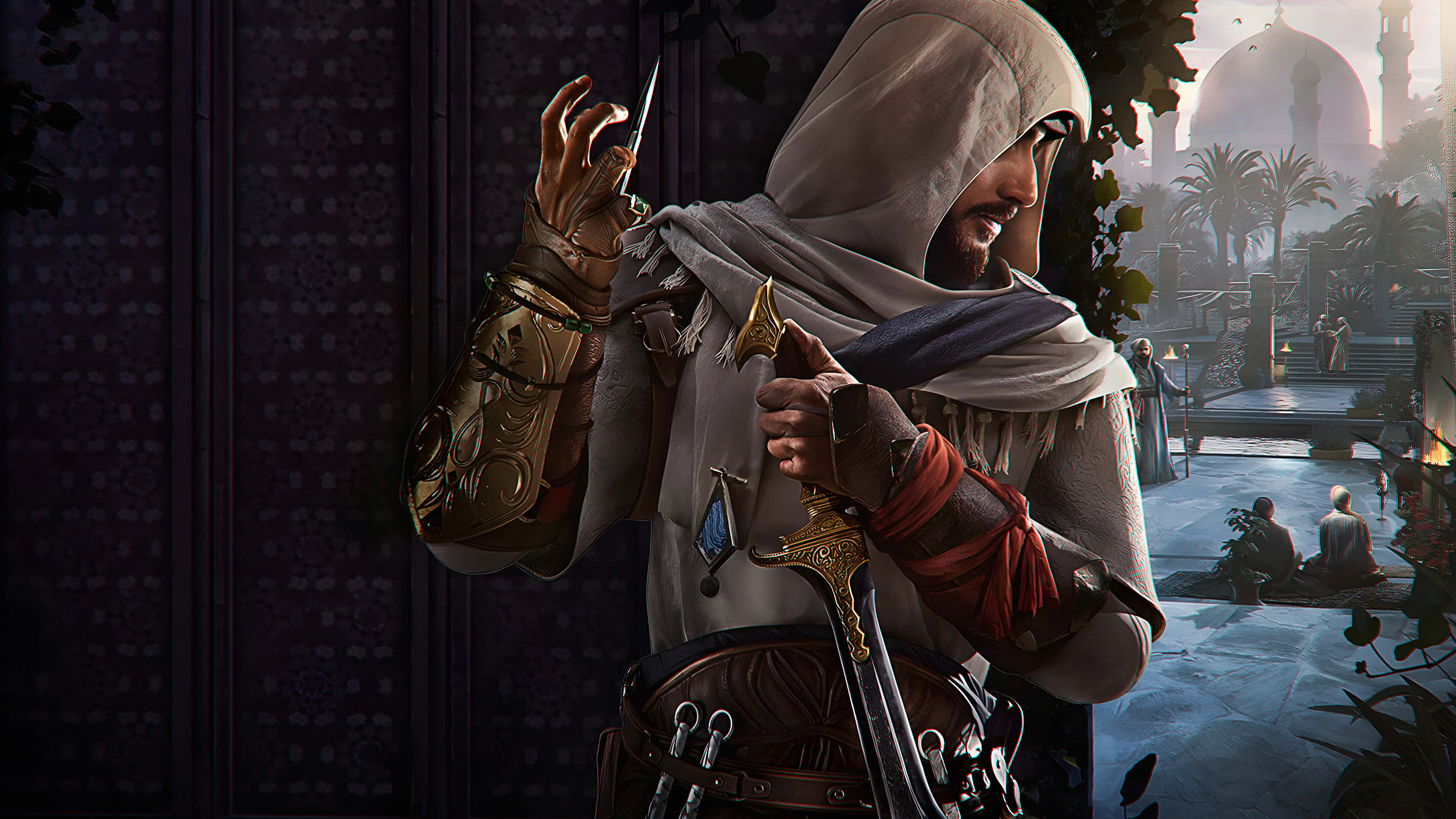 Bayek 桌布 壁紙 — 一名戴著兜帽的刺客身穿華麗盔甲，手握匕首和劍，背景是霧氣瀰漫的中東城市景觀，帶有圓頂建築。
