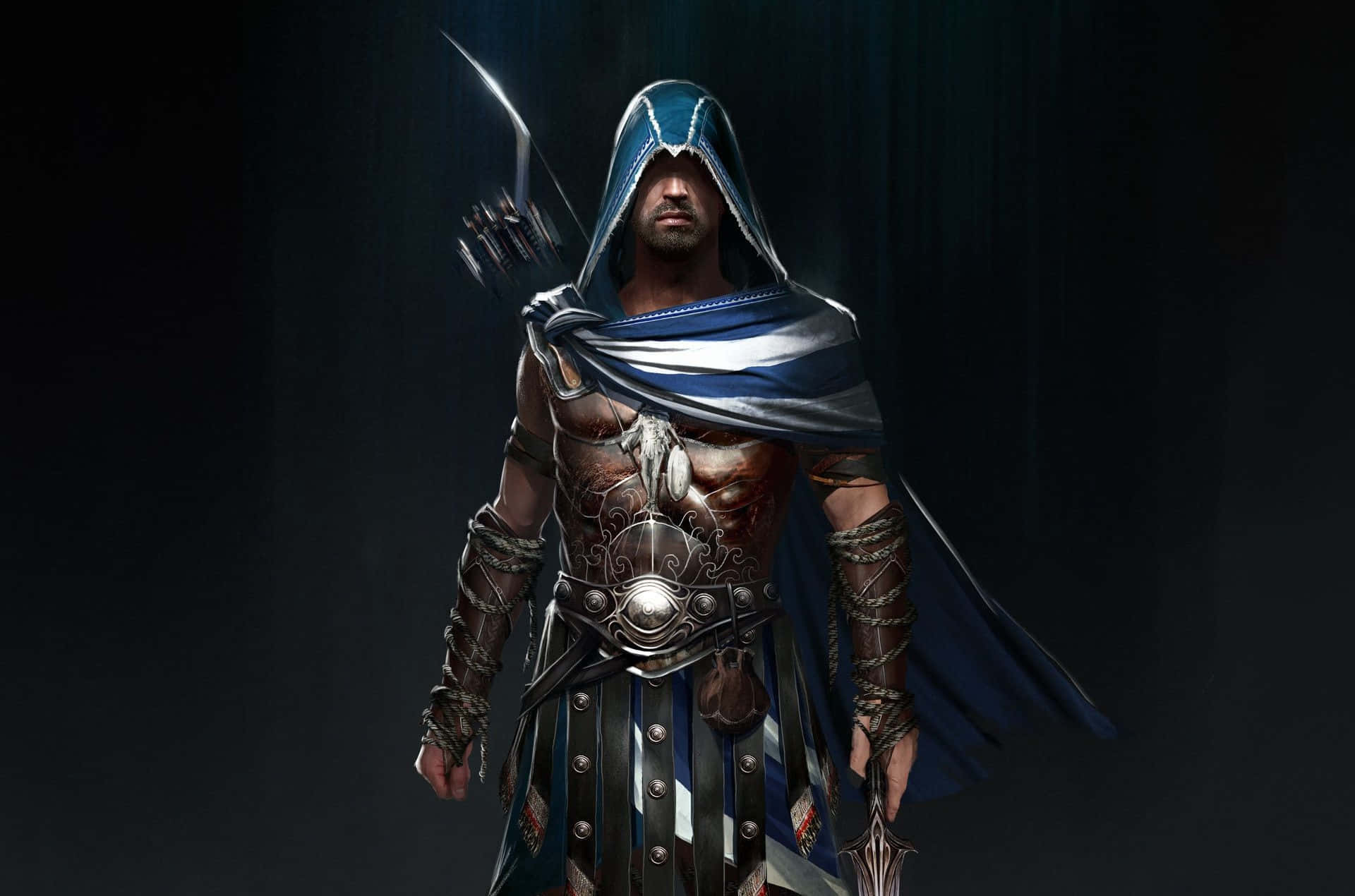 Assassin's Creed Alexios 桌布 壁紙 — 一名戴著兜帽的刺客身穿華麗盔甲，手持彎刀和箭袋，在黑暗背景下蓄勢待發。