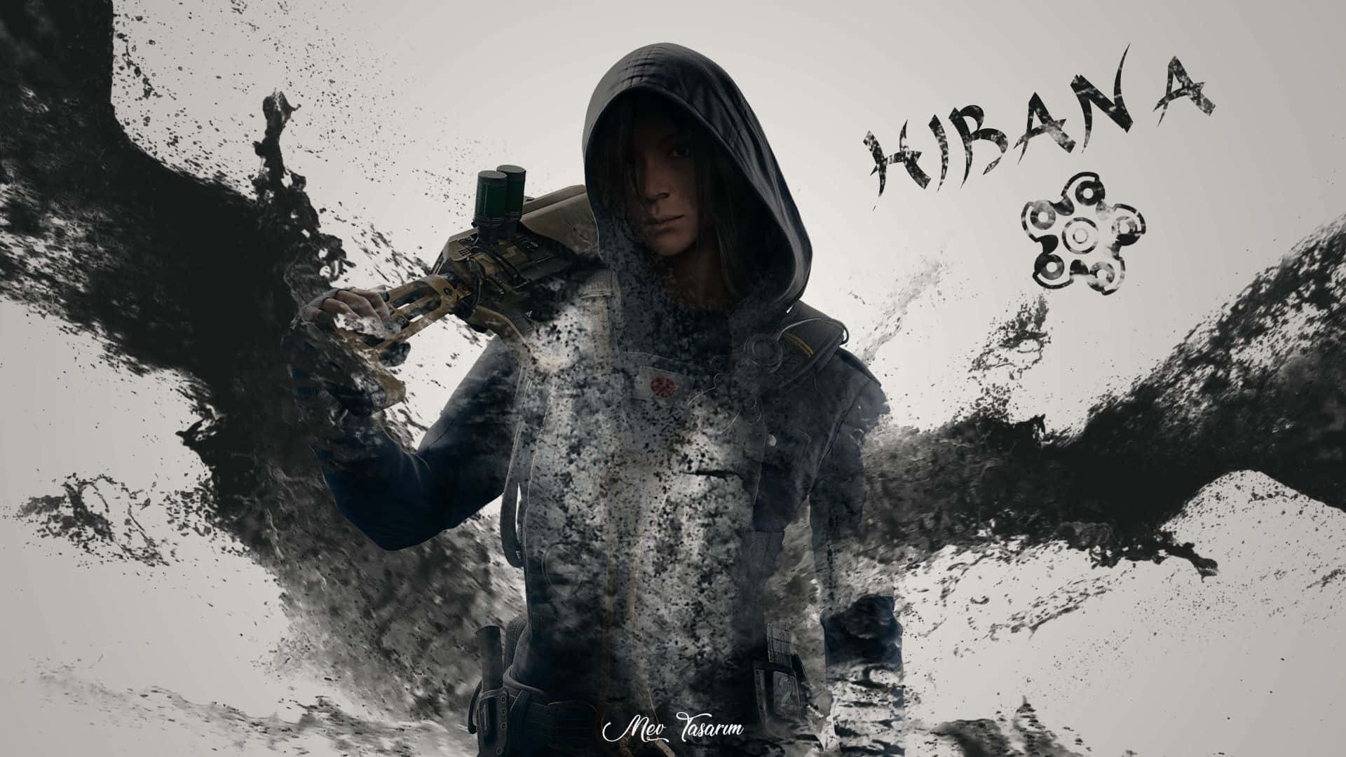 Hibana R6 桌布 壁紙 — 一名戴著兜帽的戰士手持步槍，站在旋轉的黑白墨水飛濺中，背景是樸素的灰色。